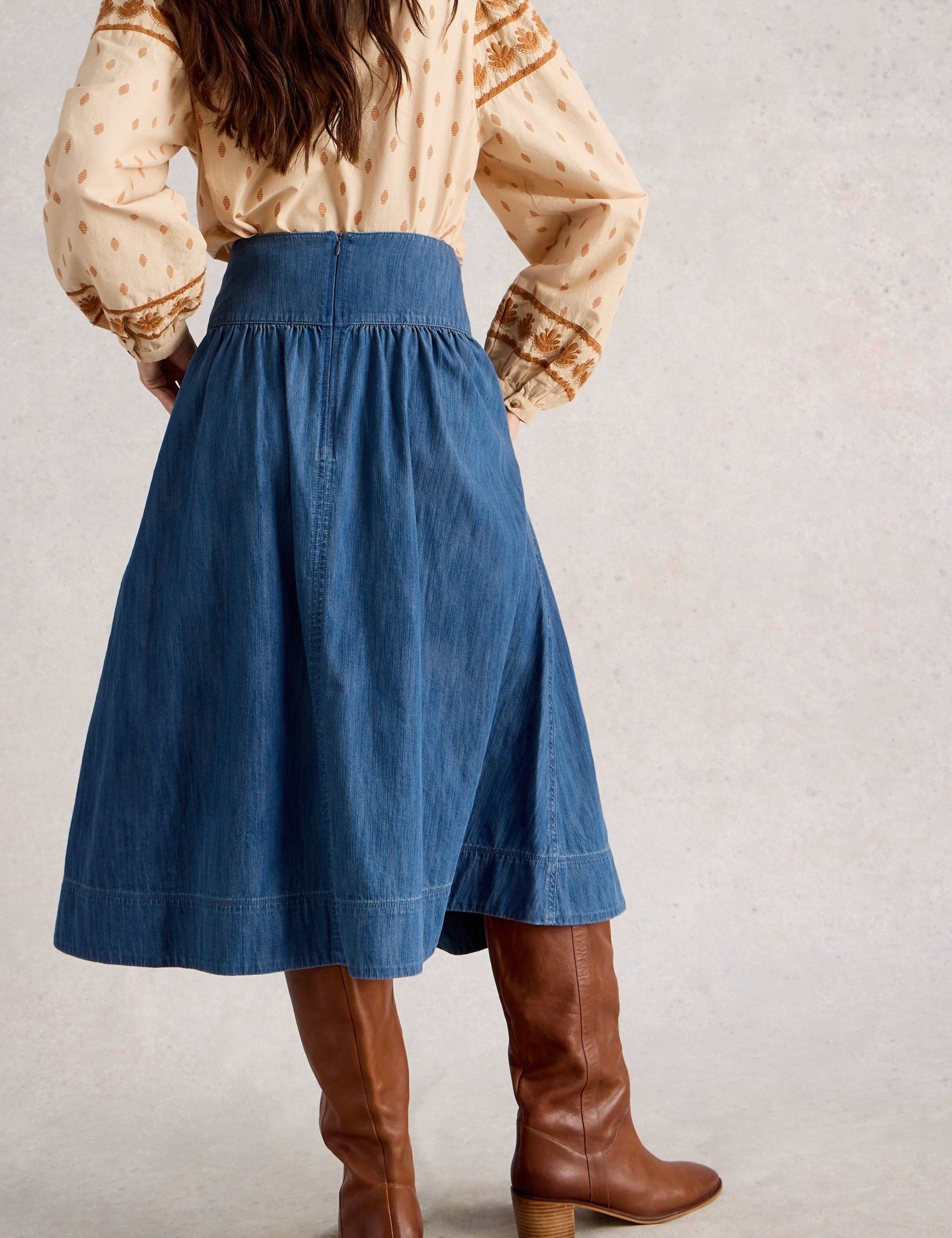 Denim Shirred Midi A-Line Skirt 6 of 6