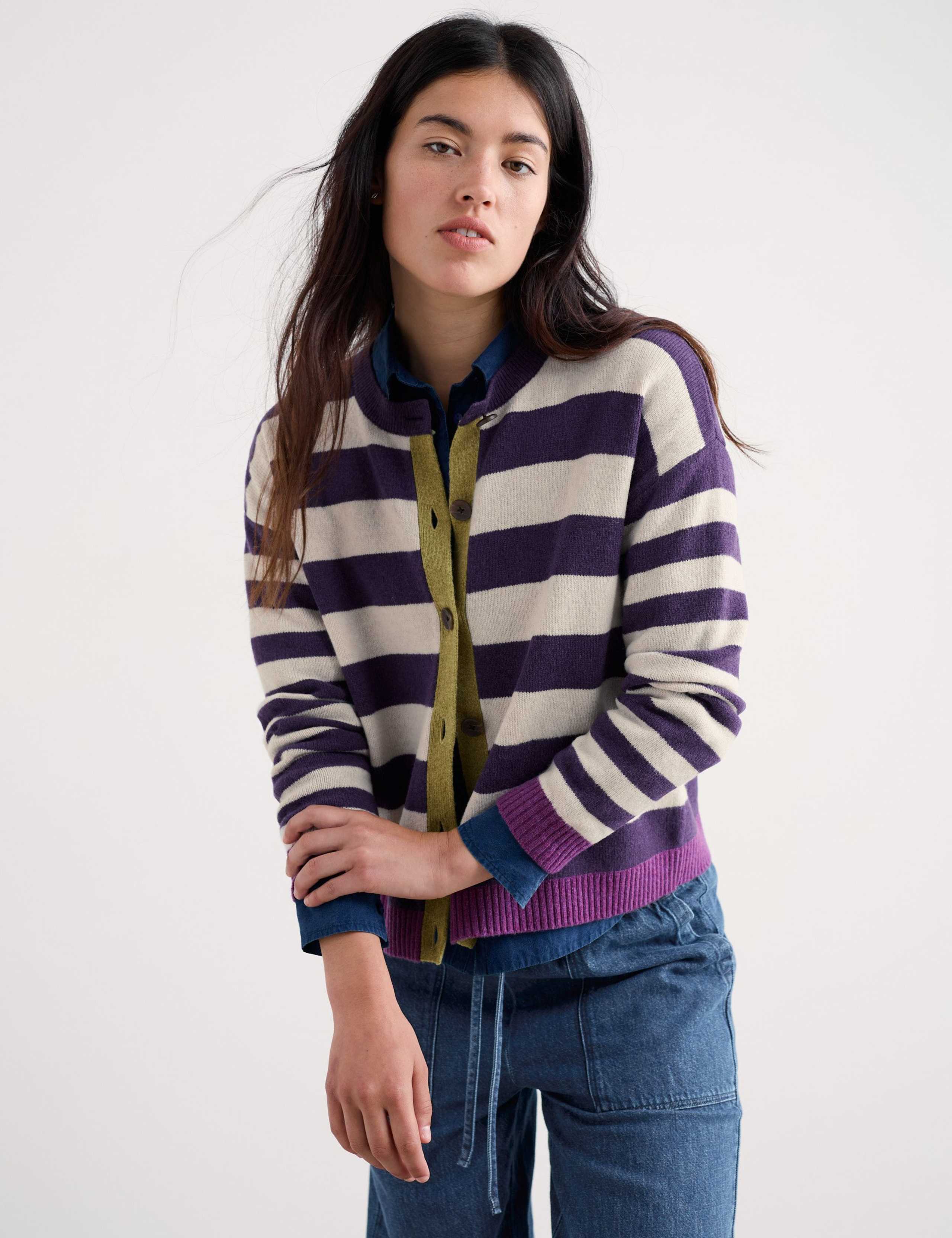 Wool Rich Striped Button Front Relaxed Cardigan 3 of 5