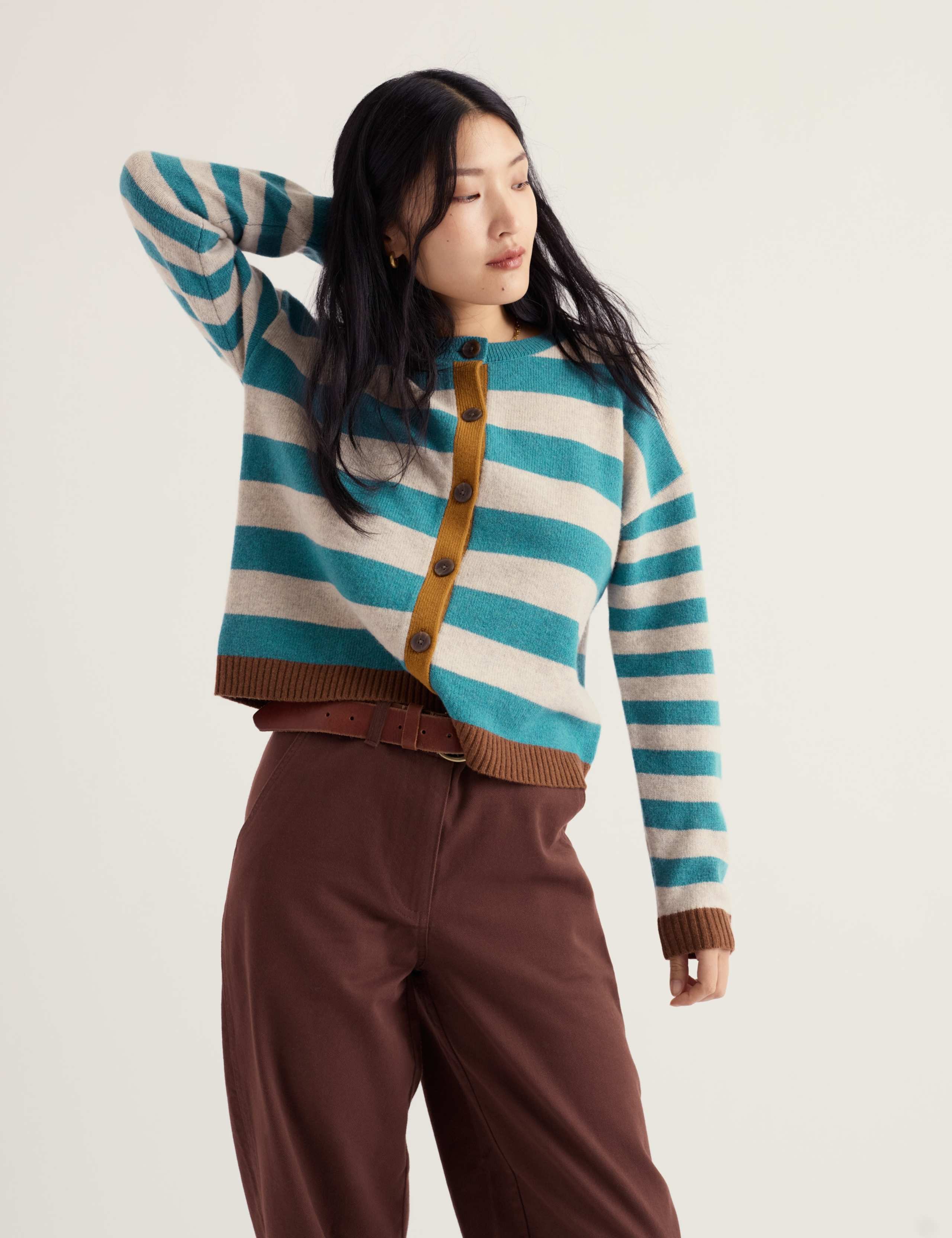 Wool Rich Striped Button Front Relaxed Cardigan 5 of 5