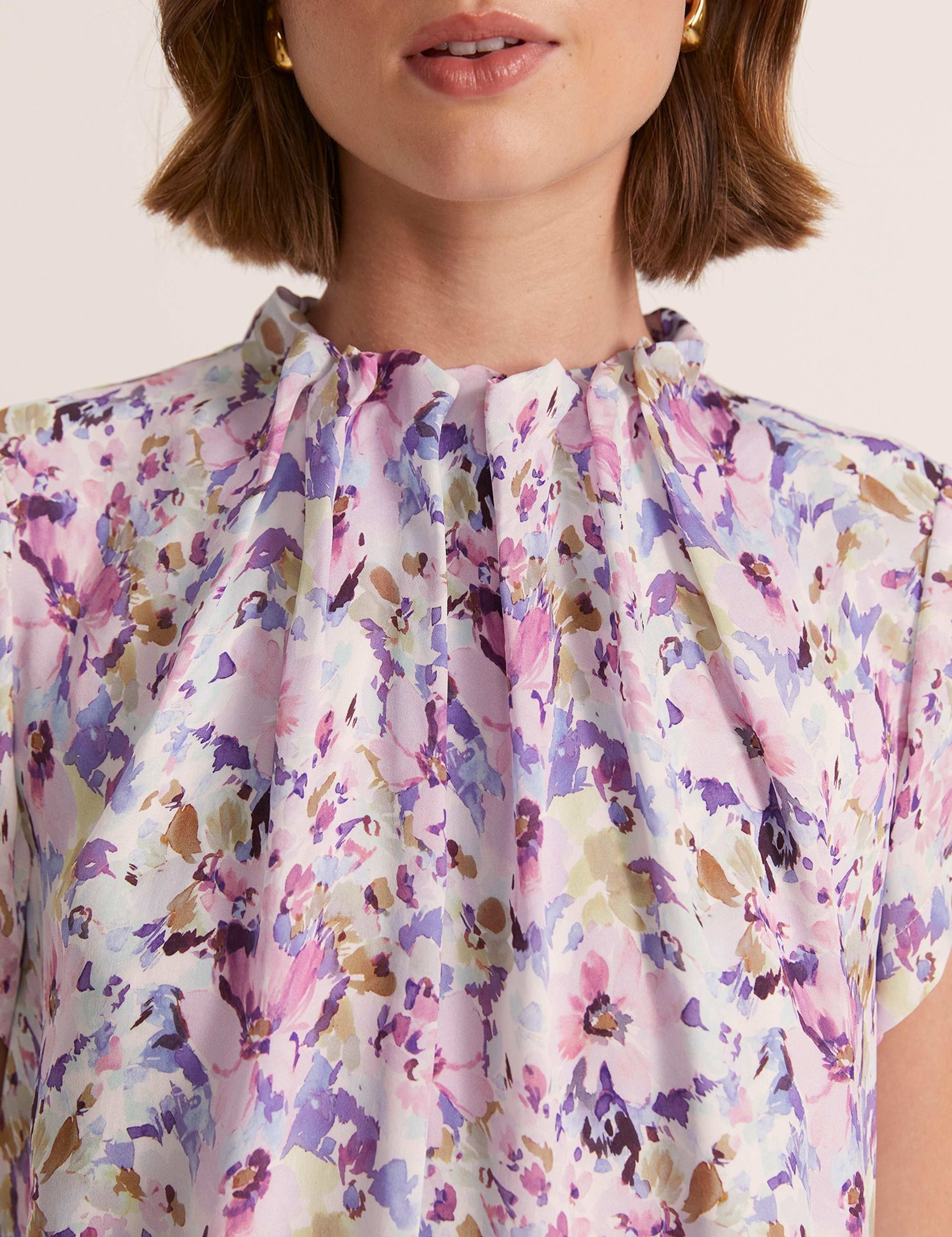 Pure Silk Floral Funnel Neck Angel Sleeve Top 3 of 6