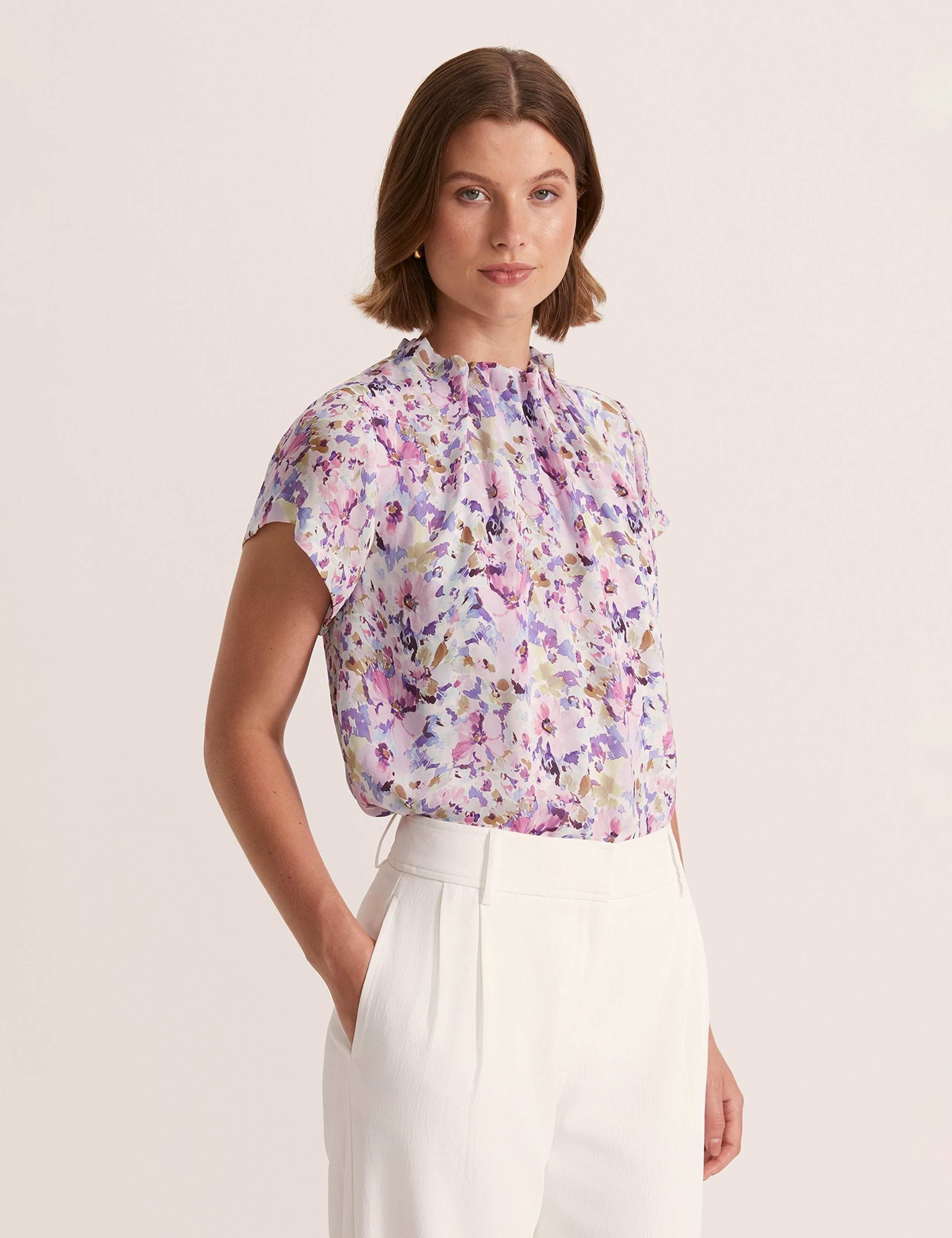 Pure Silk Floral Funnel Neck Angel Sleeve Top 5 of 6