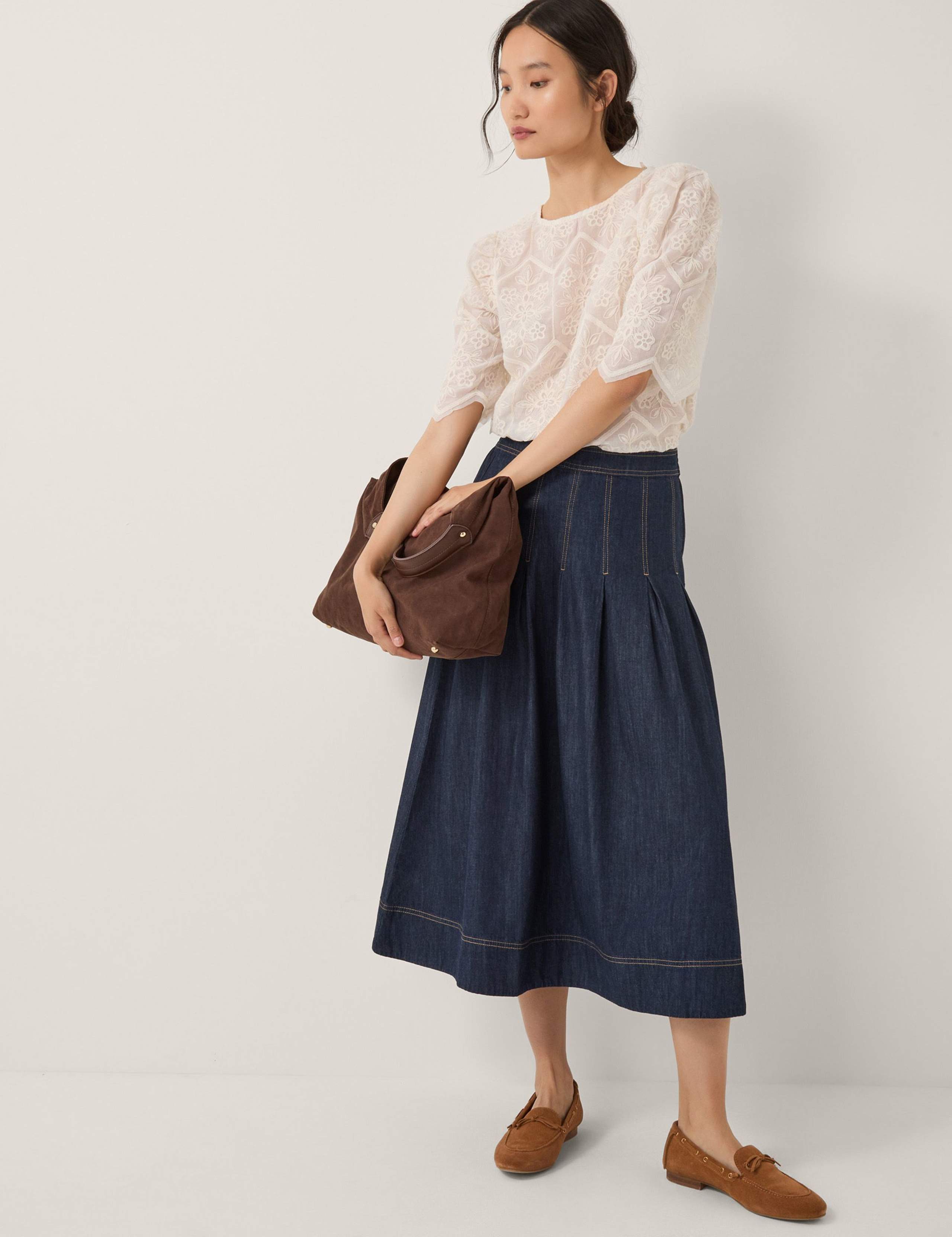 Denim Pleated Midi Skirt 3 of 5