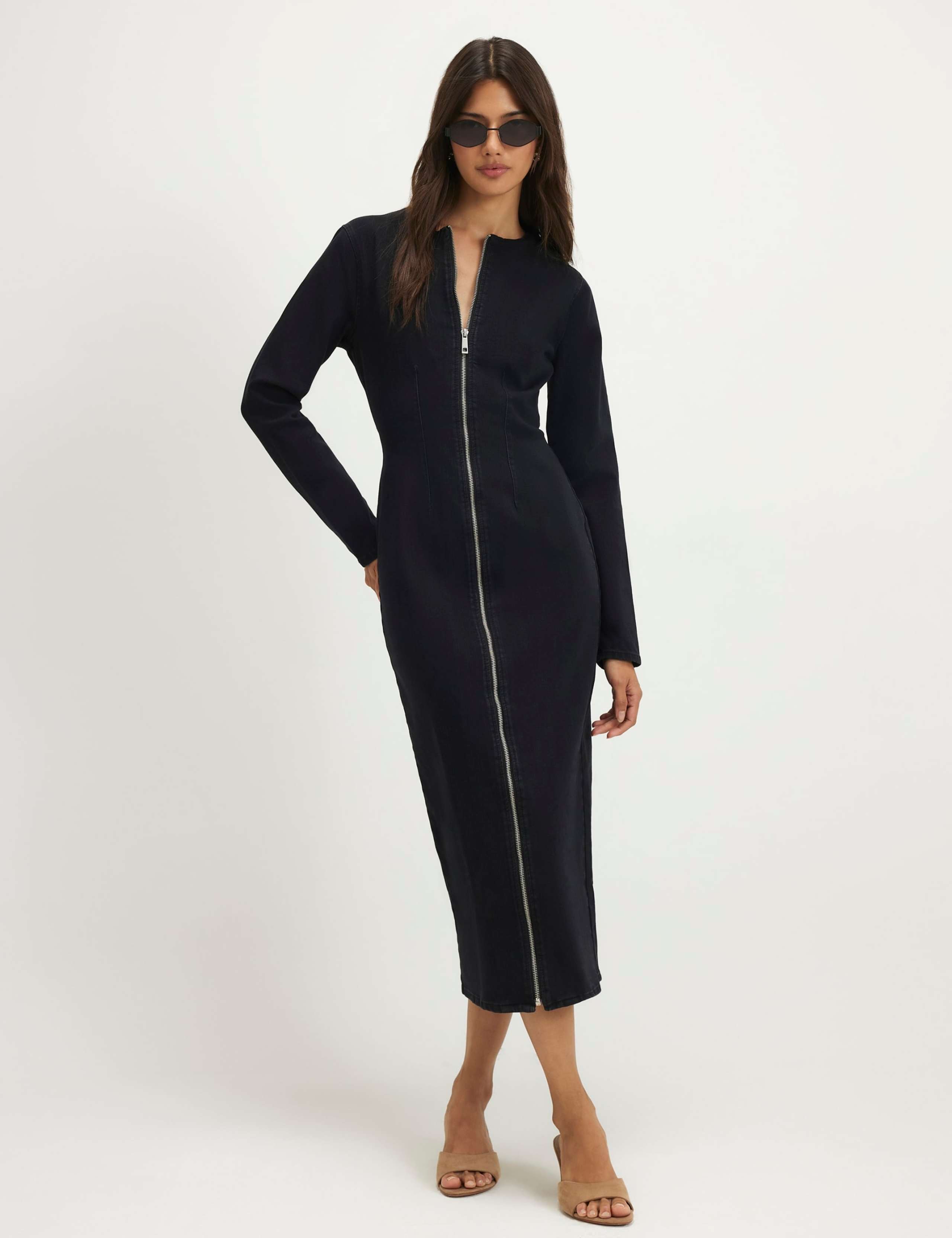 Cotton Rich Zip Up Midi Bodycon Dress 1 of 6