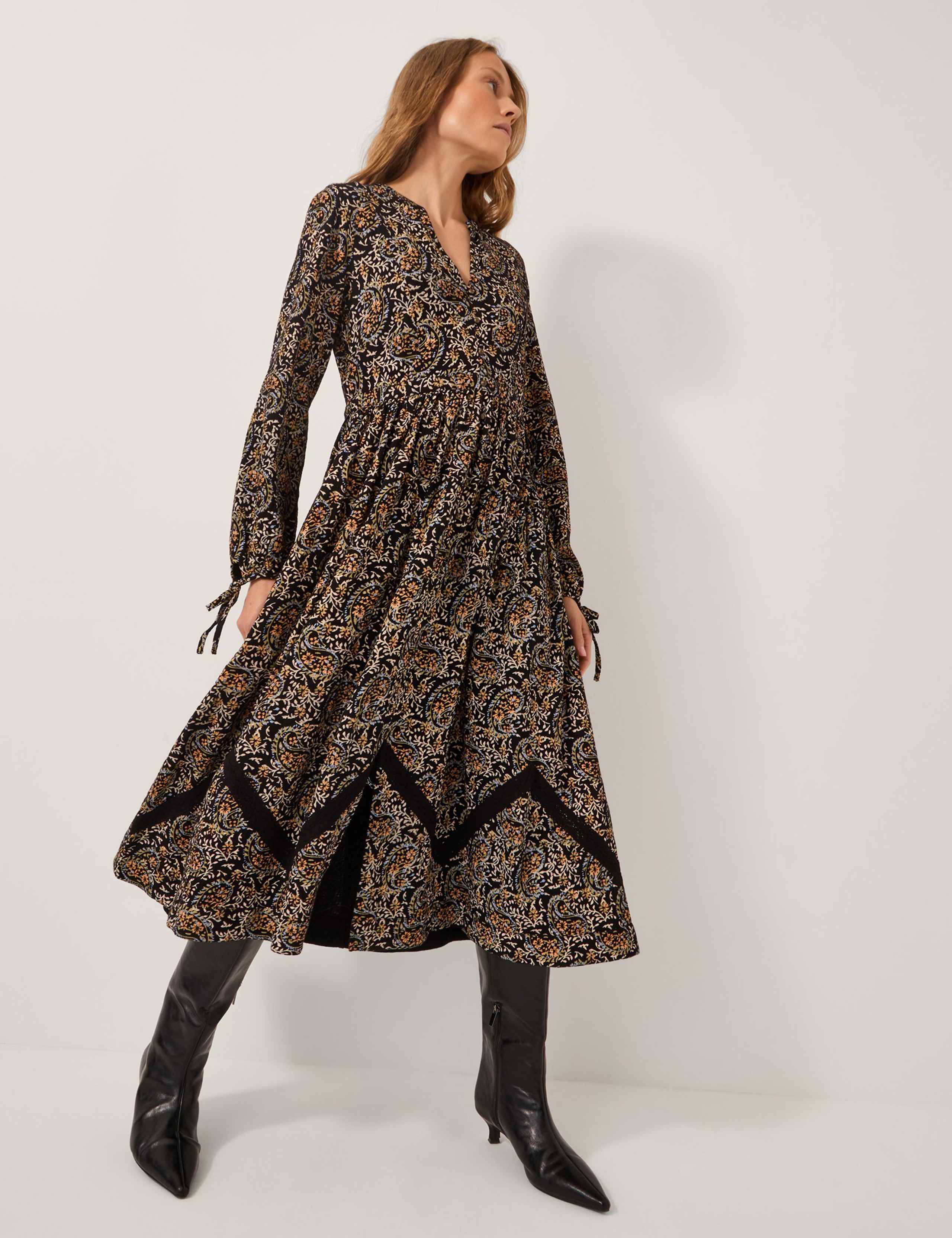 Cotton Rich Printed V-Neck Midi Tea Dress 1 of 4