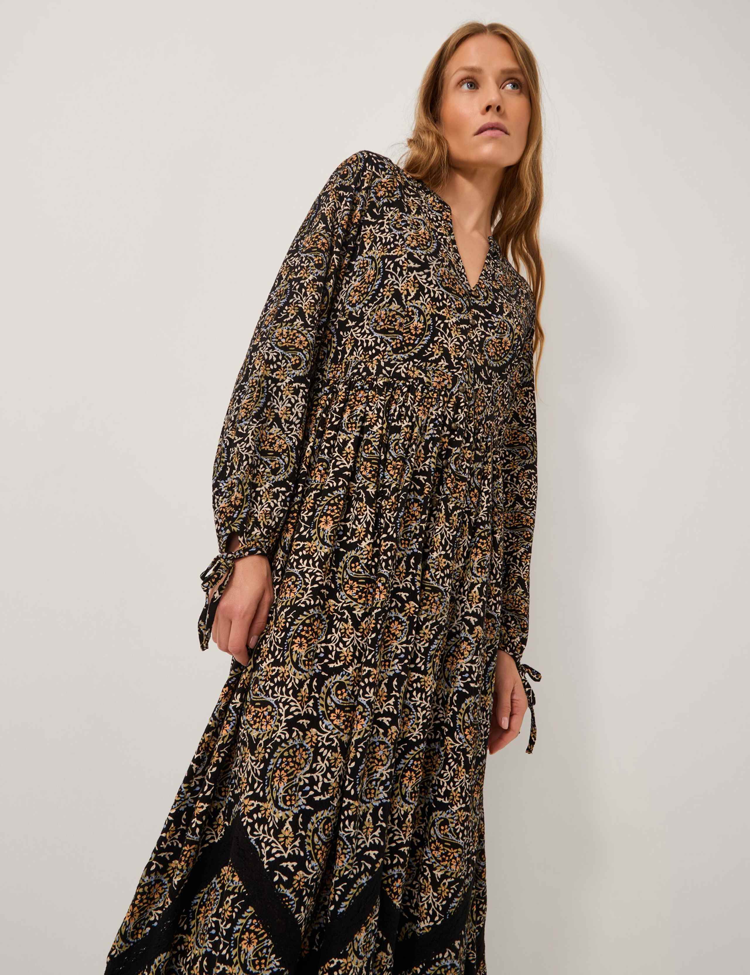 Cotton Rich Printed V-Neck Midi Tea Dress 2 of 4