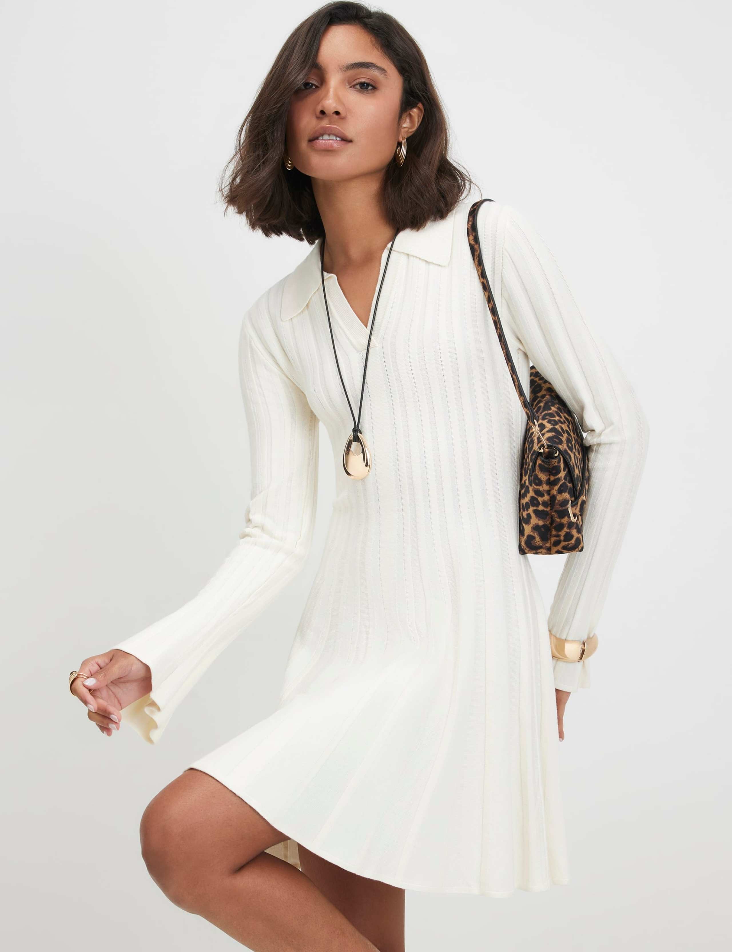 Ribbed Collared V-Neck Mini Jumper Dress 1 of 4