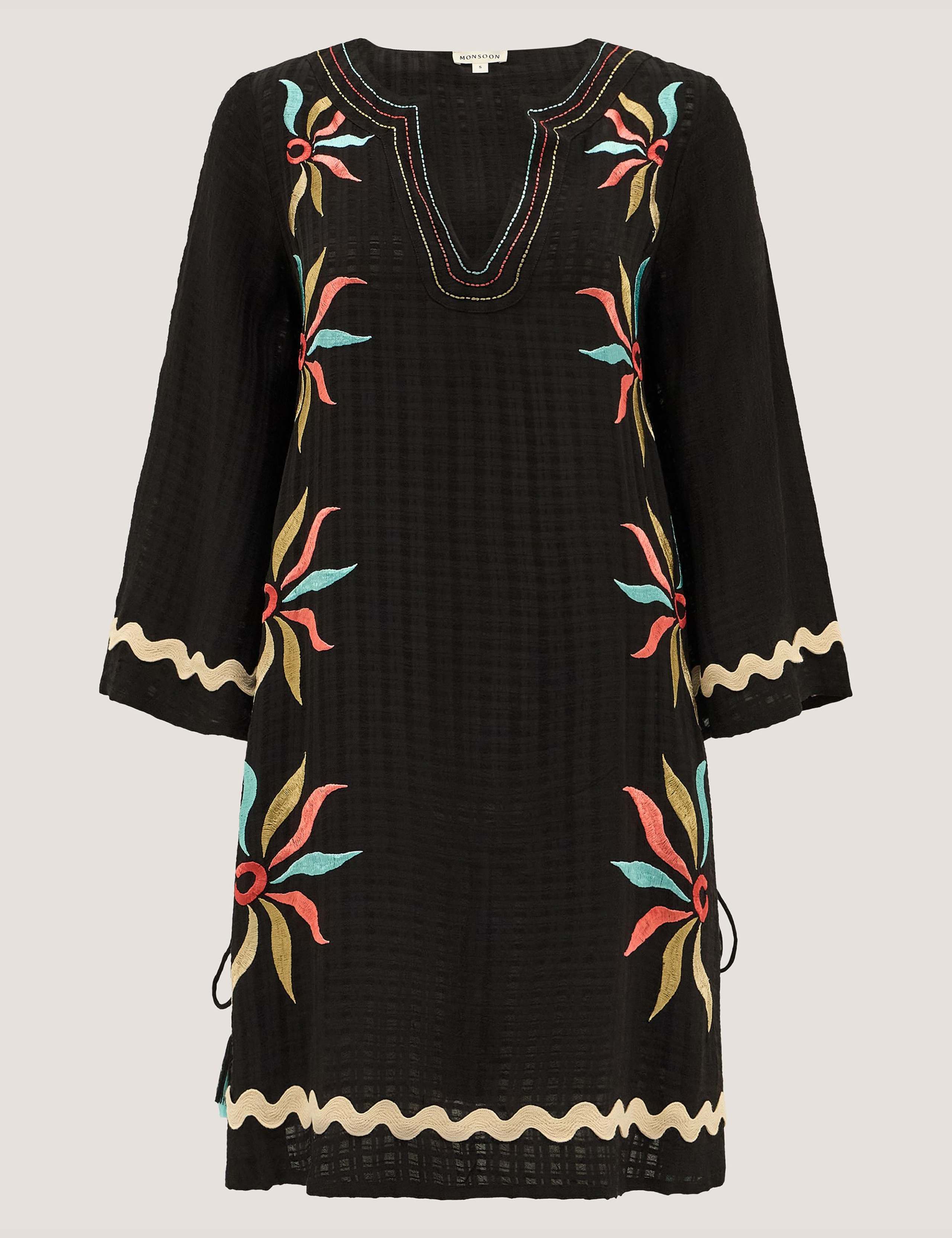 Embroidered Notch Neck Mini Kaftan Dress 2 of 5