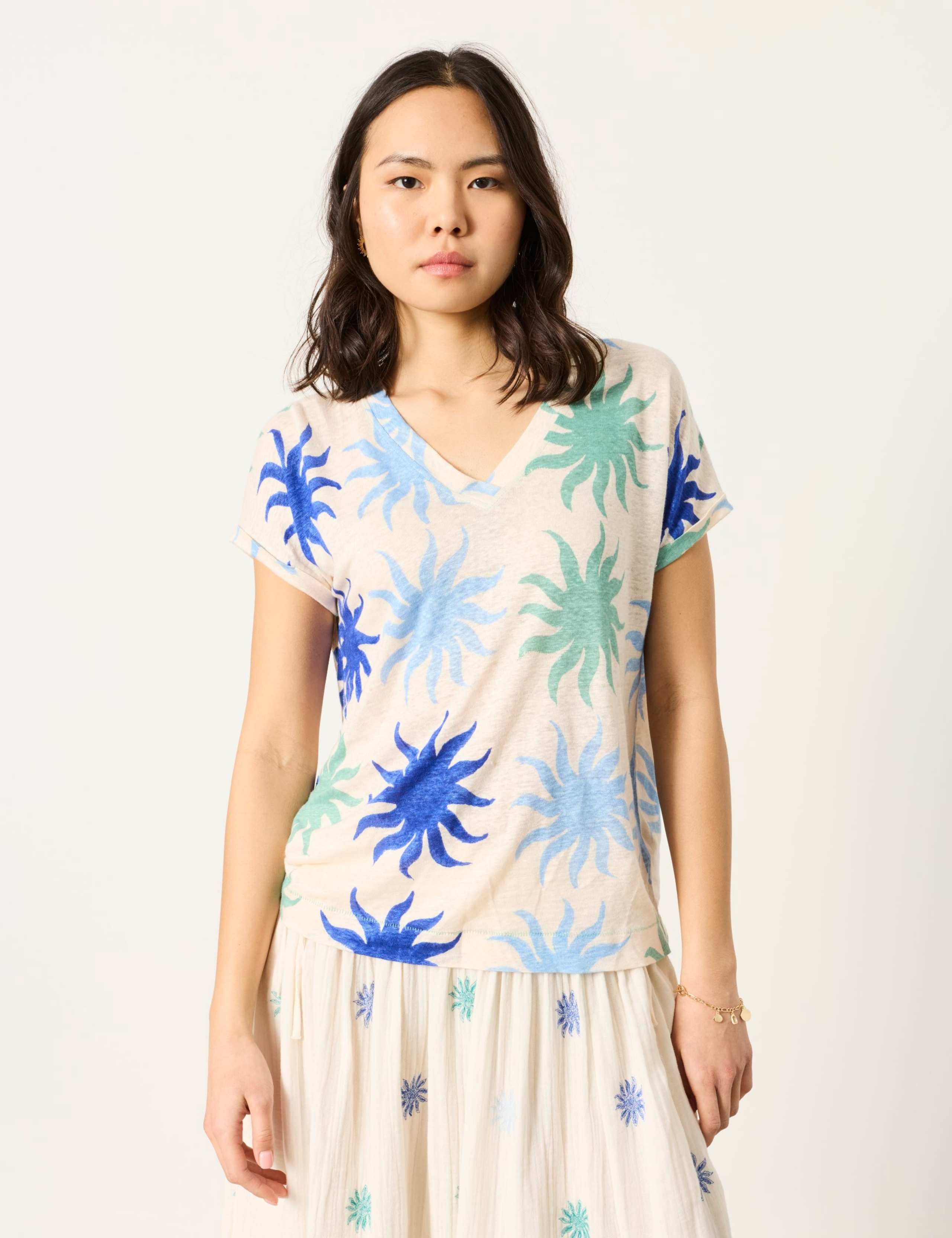 Pure Linen Printed V-Neck T-Shirt 1 of 5