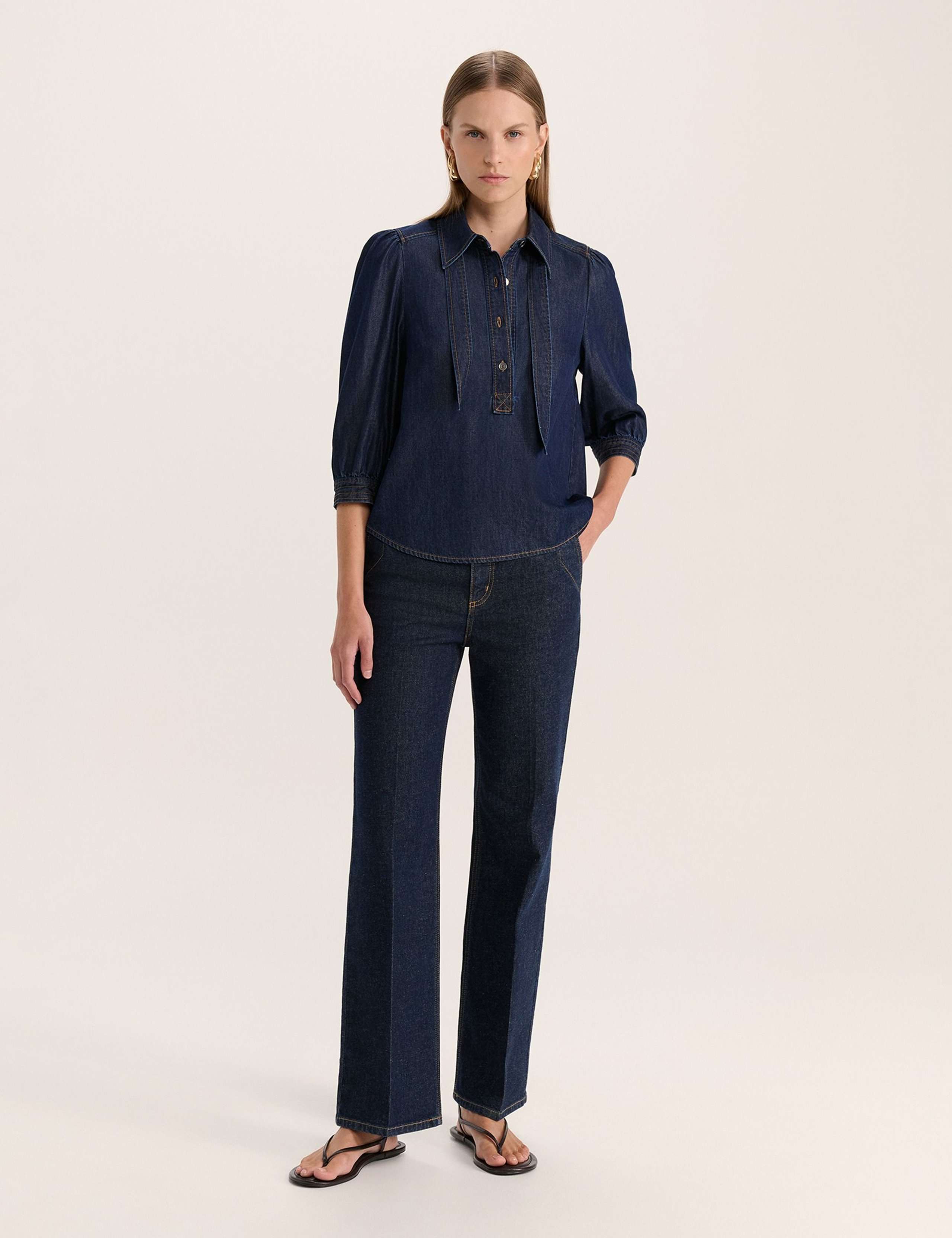 Denim Tie Neck Puff Sleeve Shirt 2 of 6