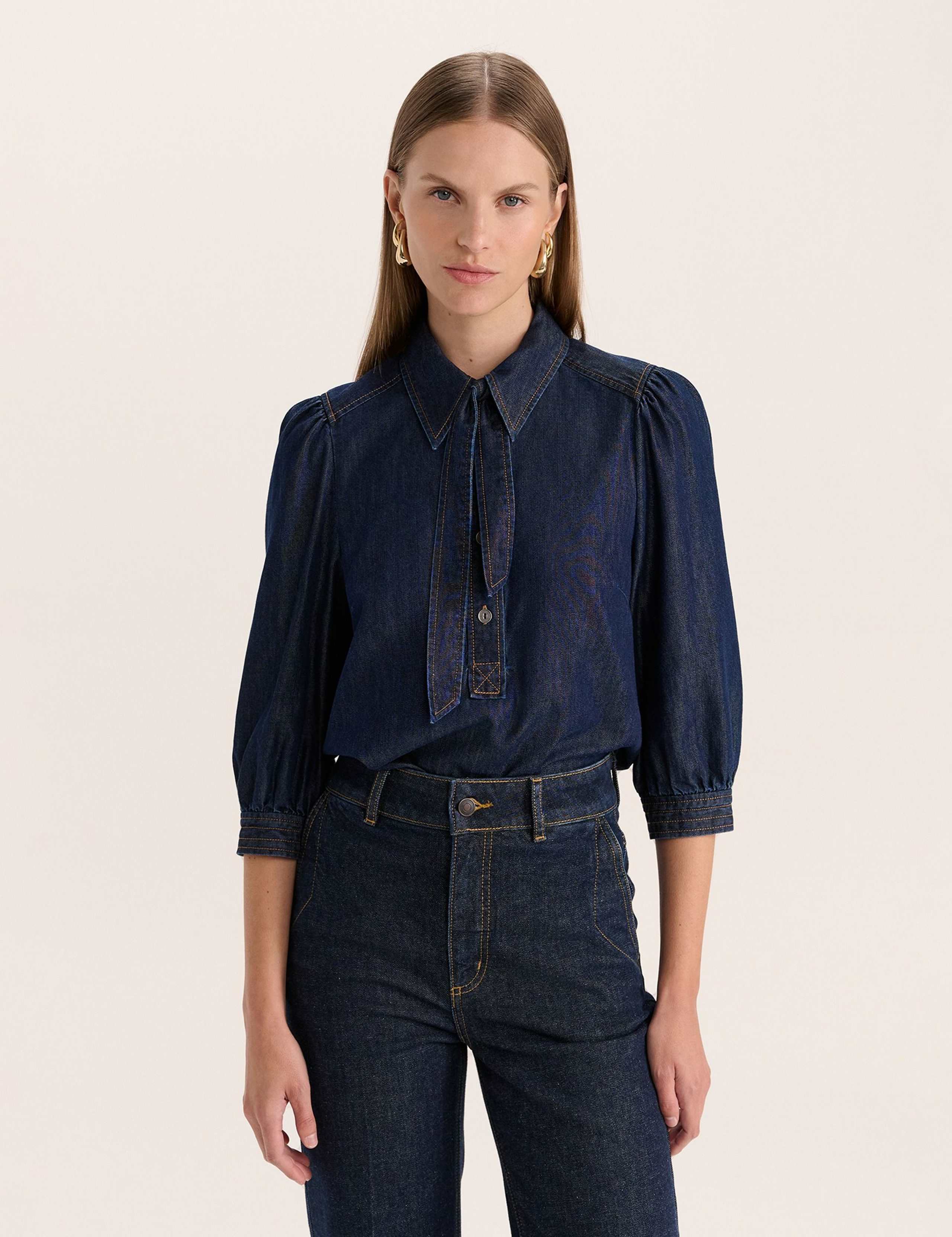 Denim Tie Neck Puff Sleeve Shirt 3 of 6