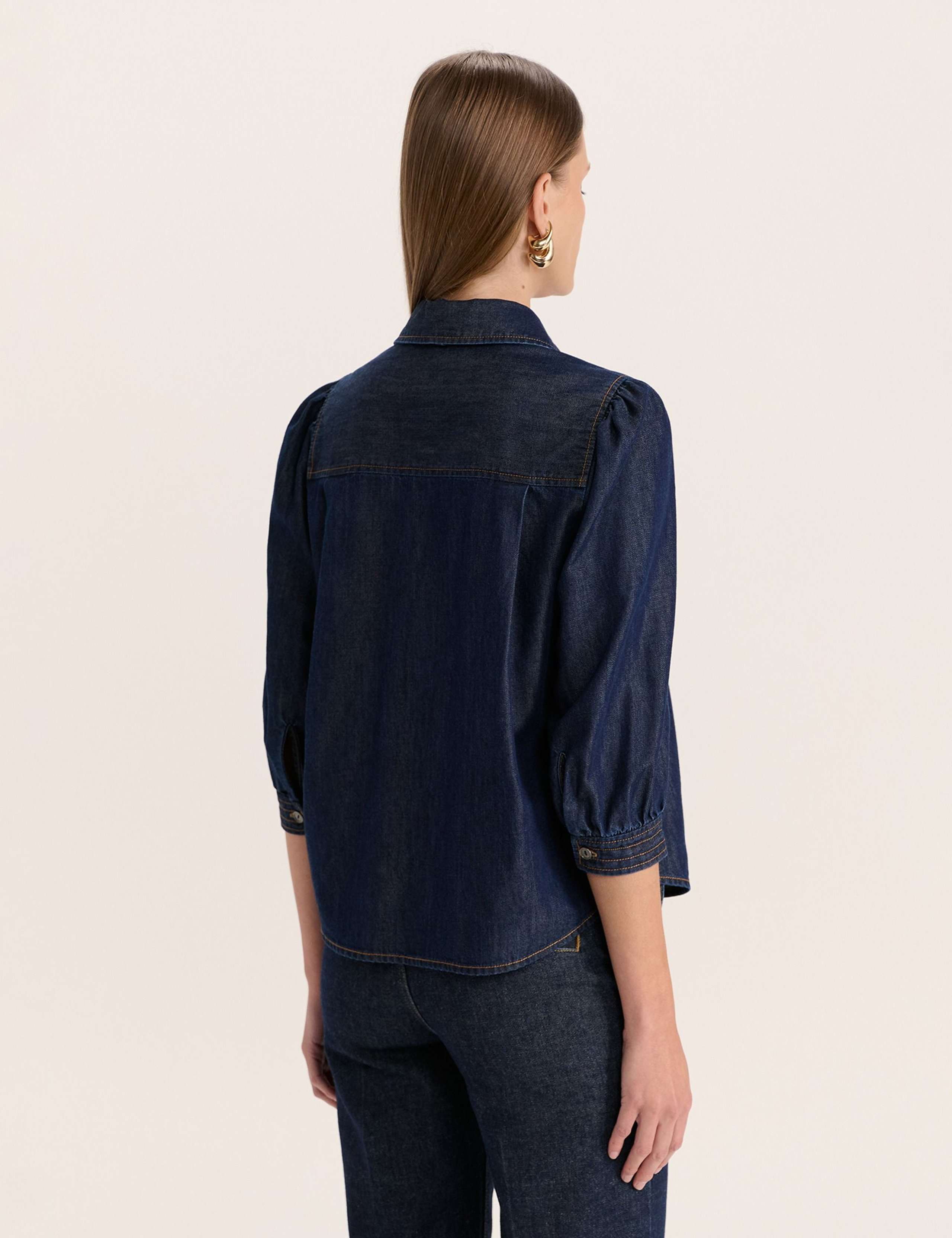Denim Tie Neck Puff Sleeve Shirt 4 of 6
