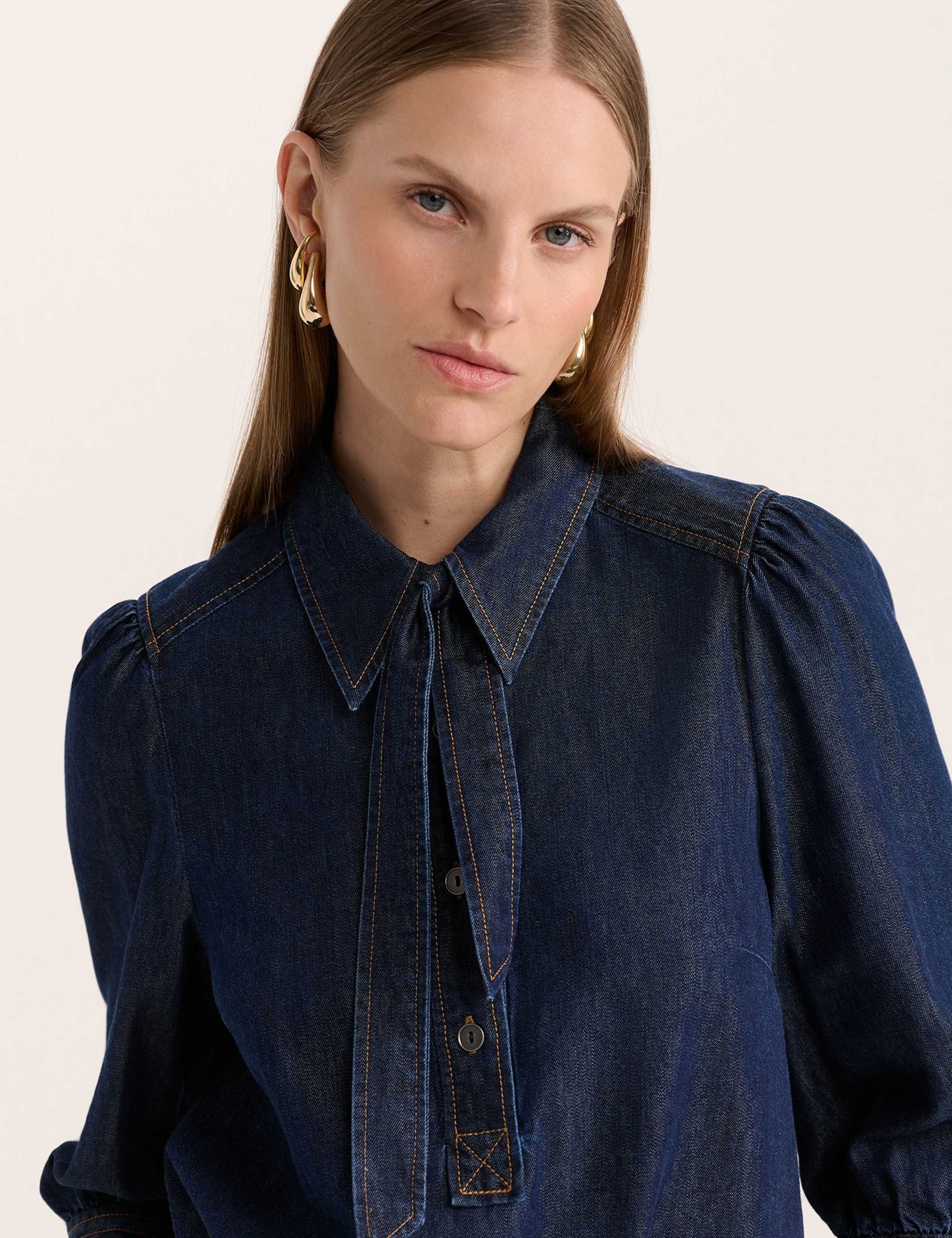 Denim Tie Neck Puff Sleeve Shirt 5 of 6