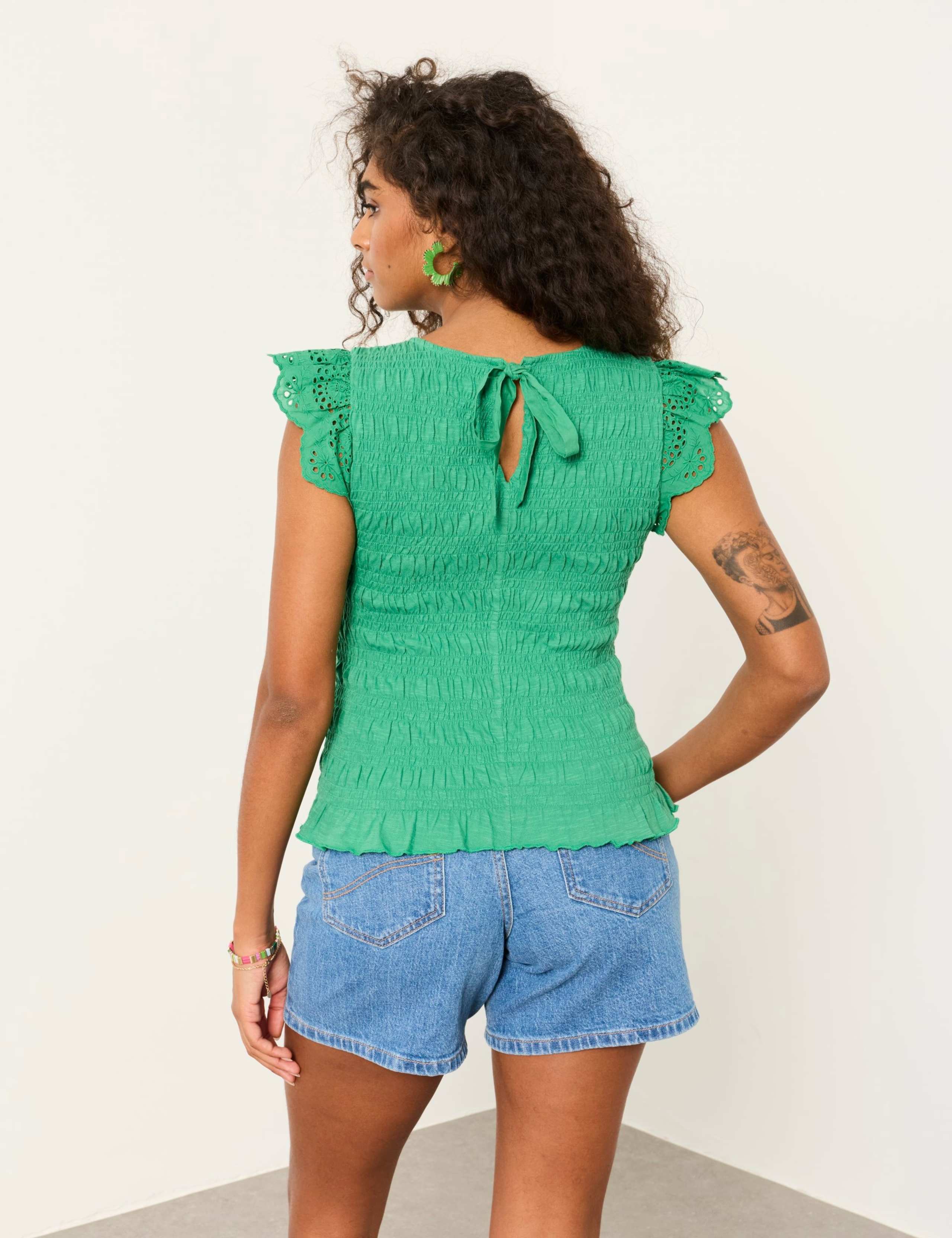 Pure Cotton Shirred Frill Sleeve Top 3 of 7