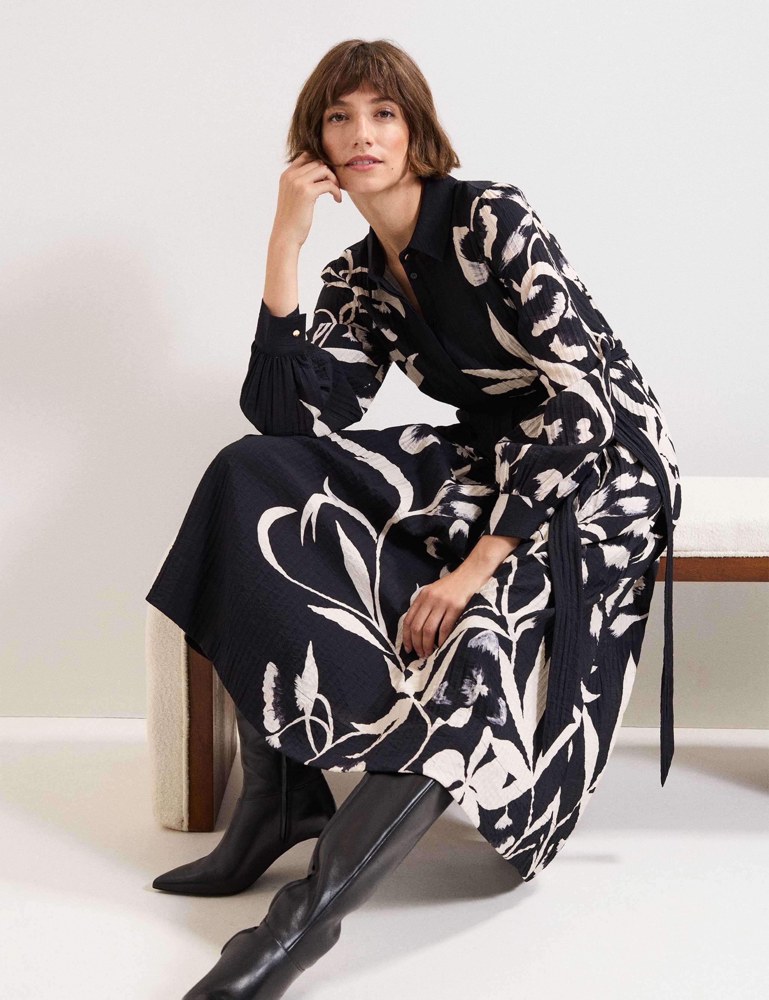 Floral Textured Knee Length Shirt Dress 5 of 8