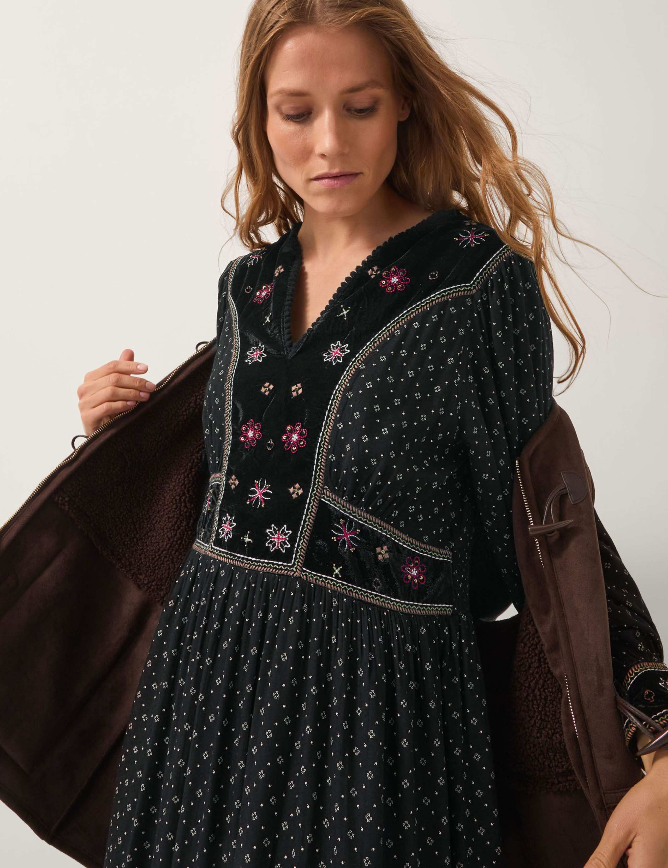Printed Embroidered Midi Tiered Dress 3 of 5