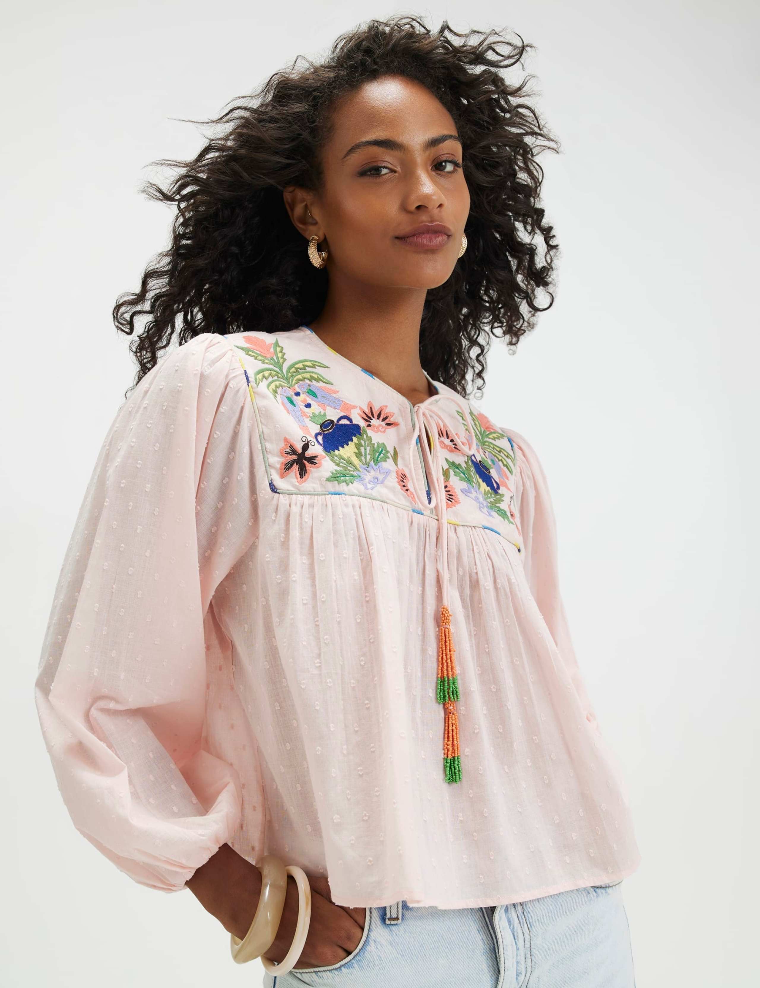 Pure Cotton Embroidered Smocked Blouse 1 of 3