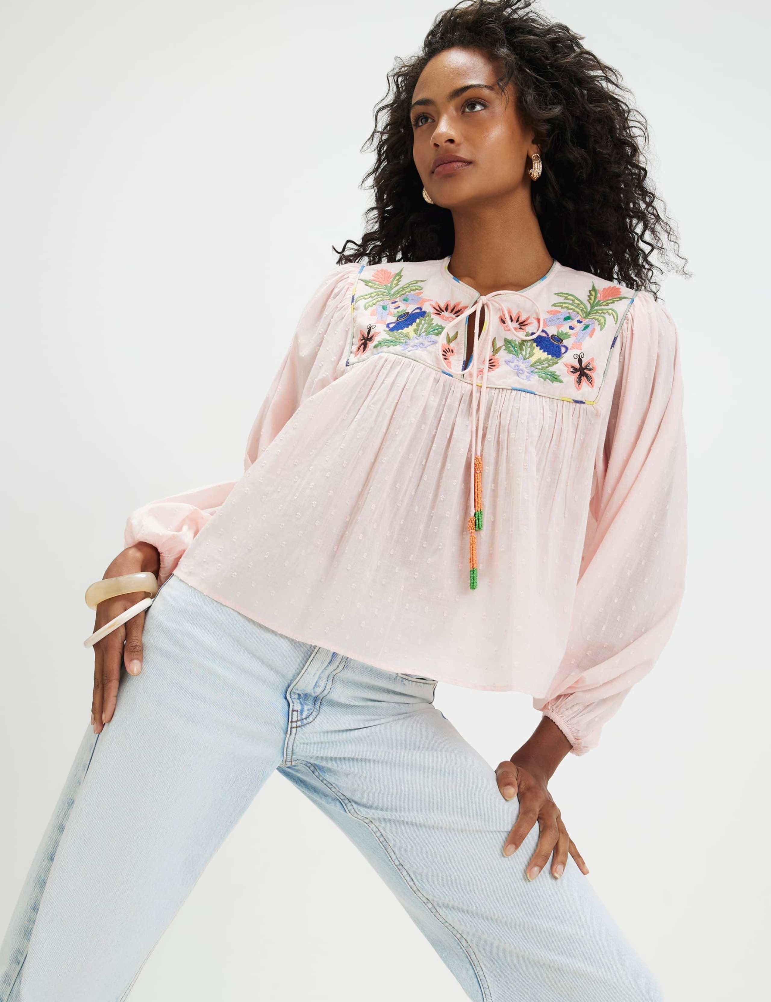 Pure Cotton Embroidered Smocked Blouse 2 of 3