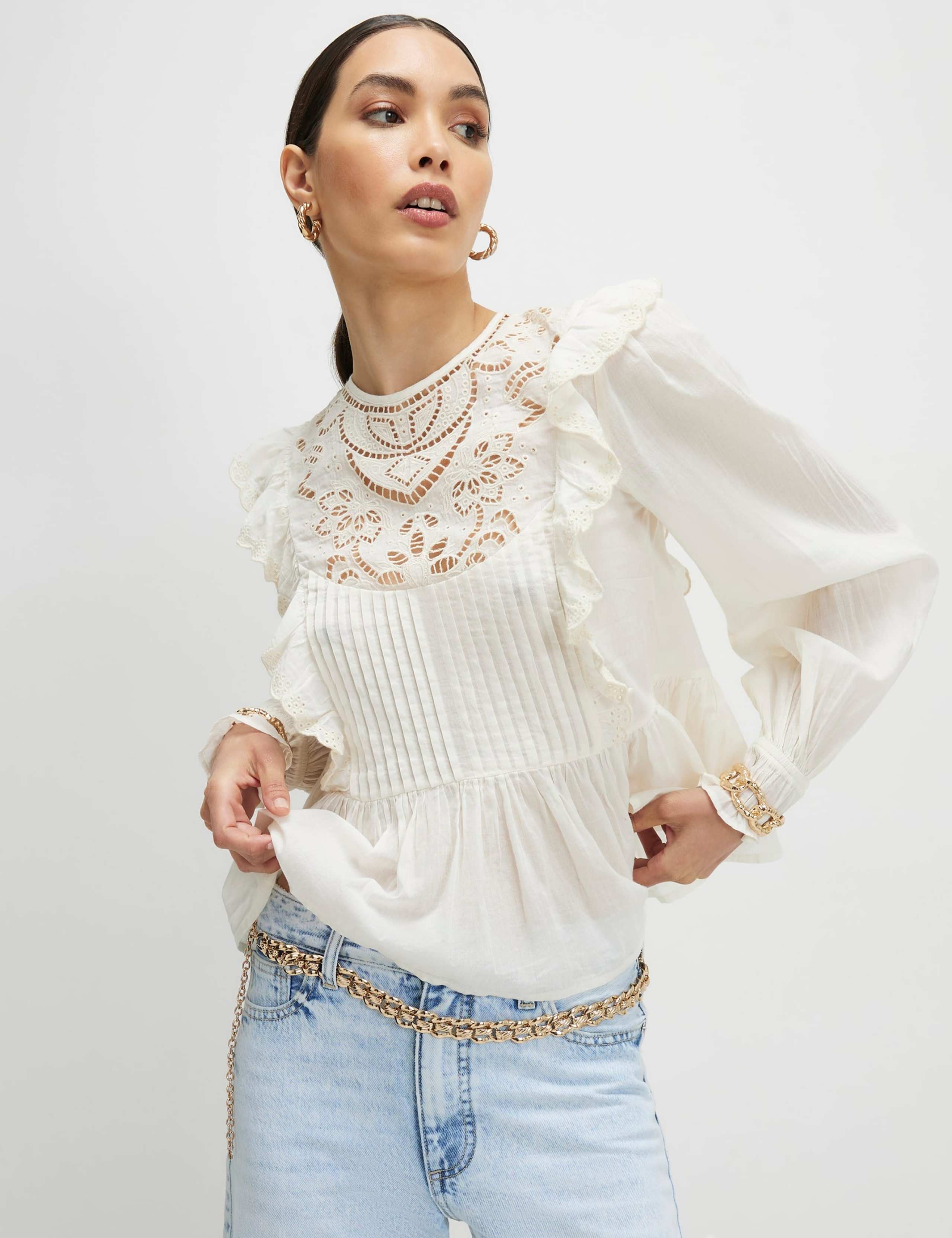 Pure Cotton Cutwork Lace Ruffle Blouse 1 of 4
