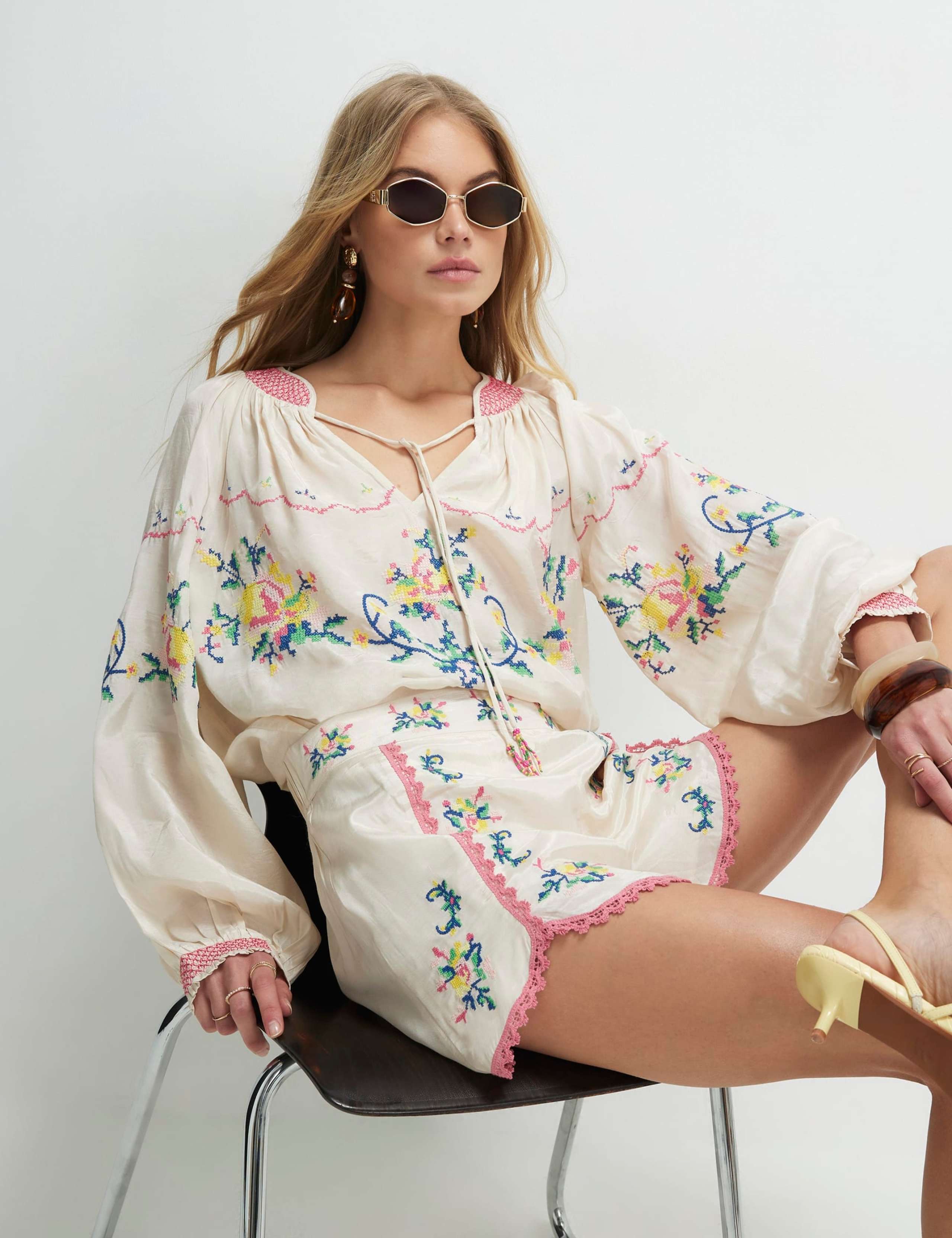 Embroidered Tie Neck Relaxed Popover Blouse 3 of 4