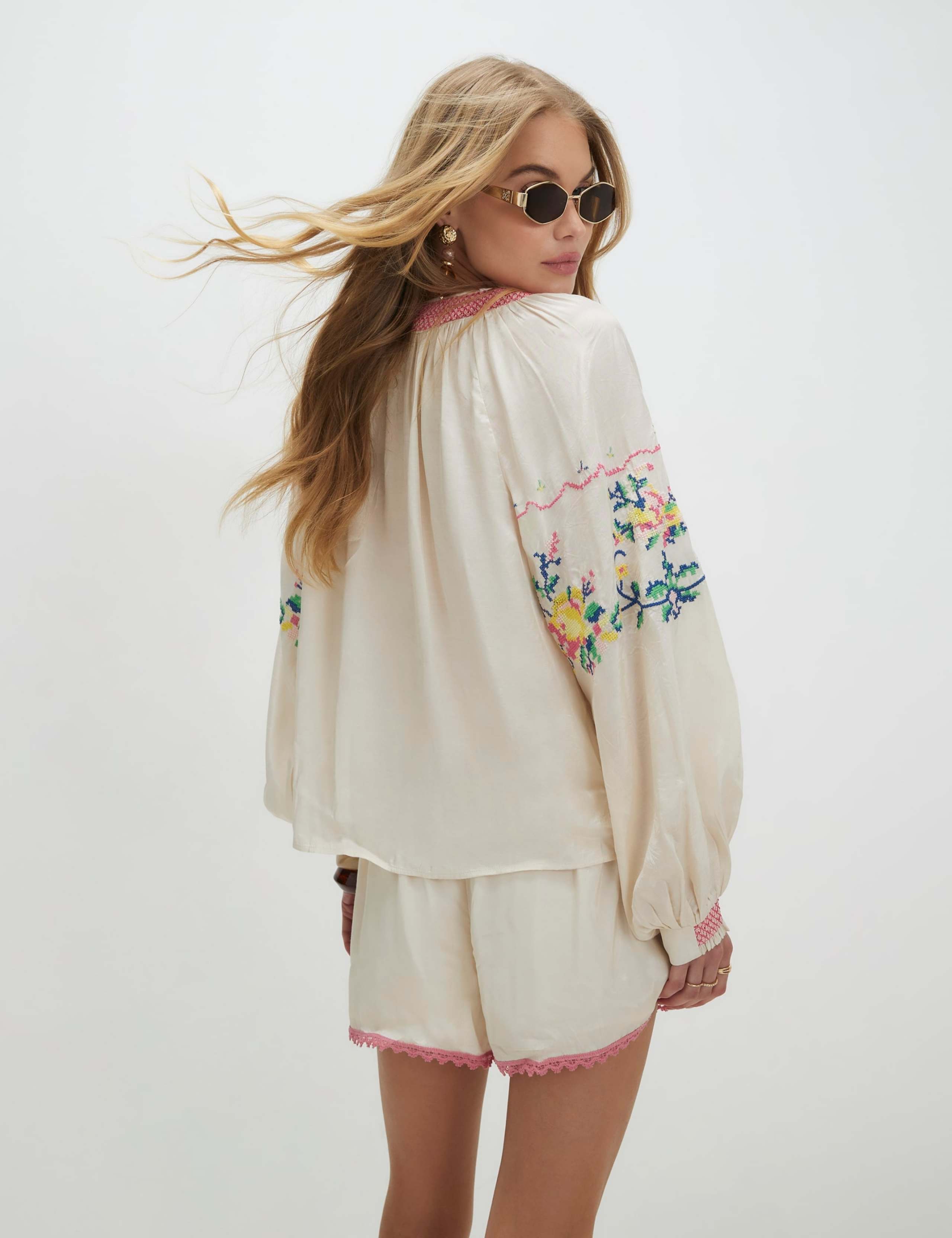 Embroidered Tie Neck Relaxed Popover Blouse 4 of 4