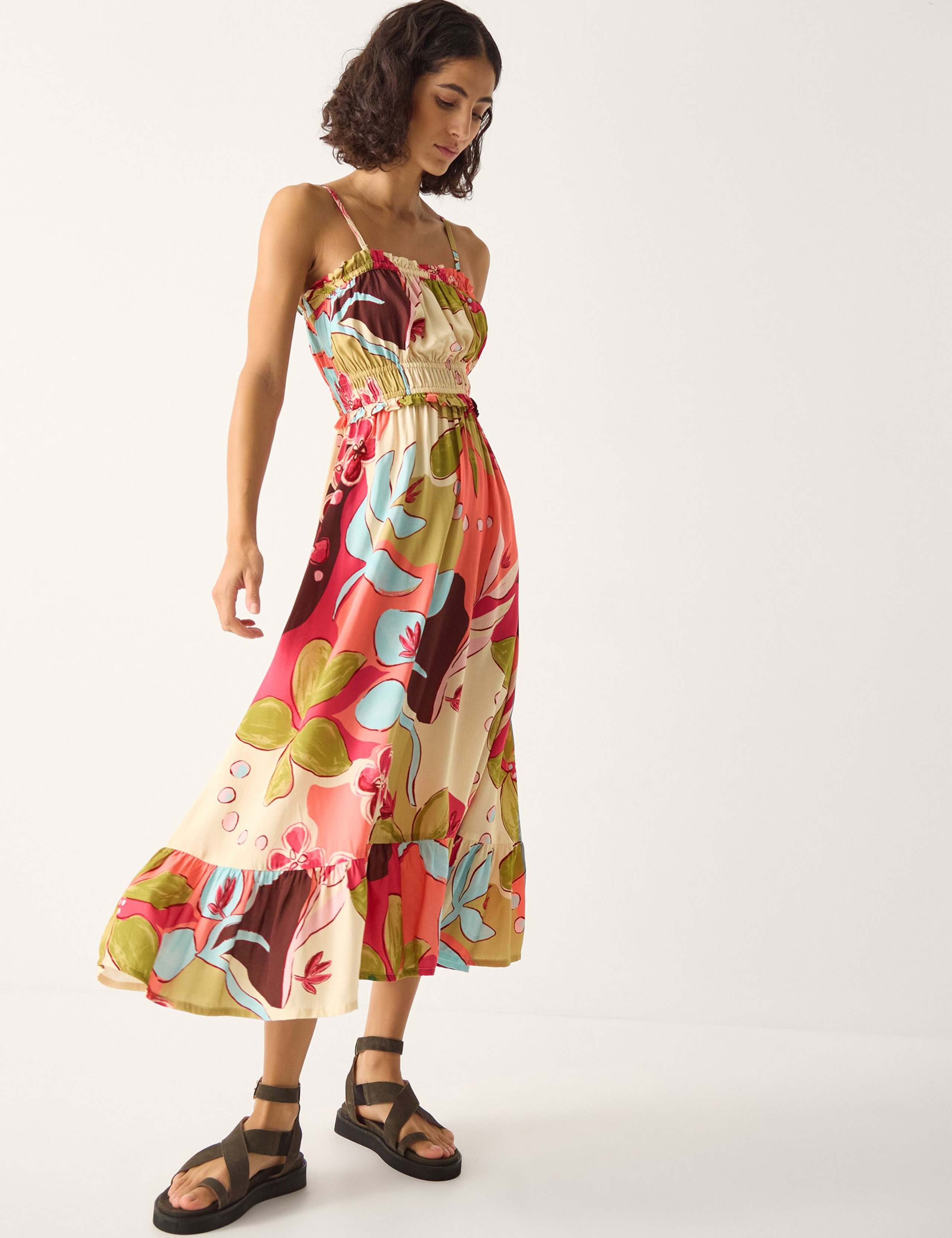 Square Neck Strappy Midi Tiered Dress 1 of 5