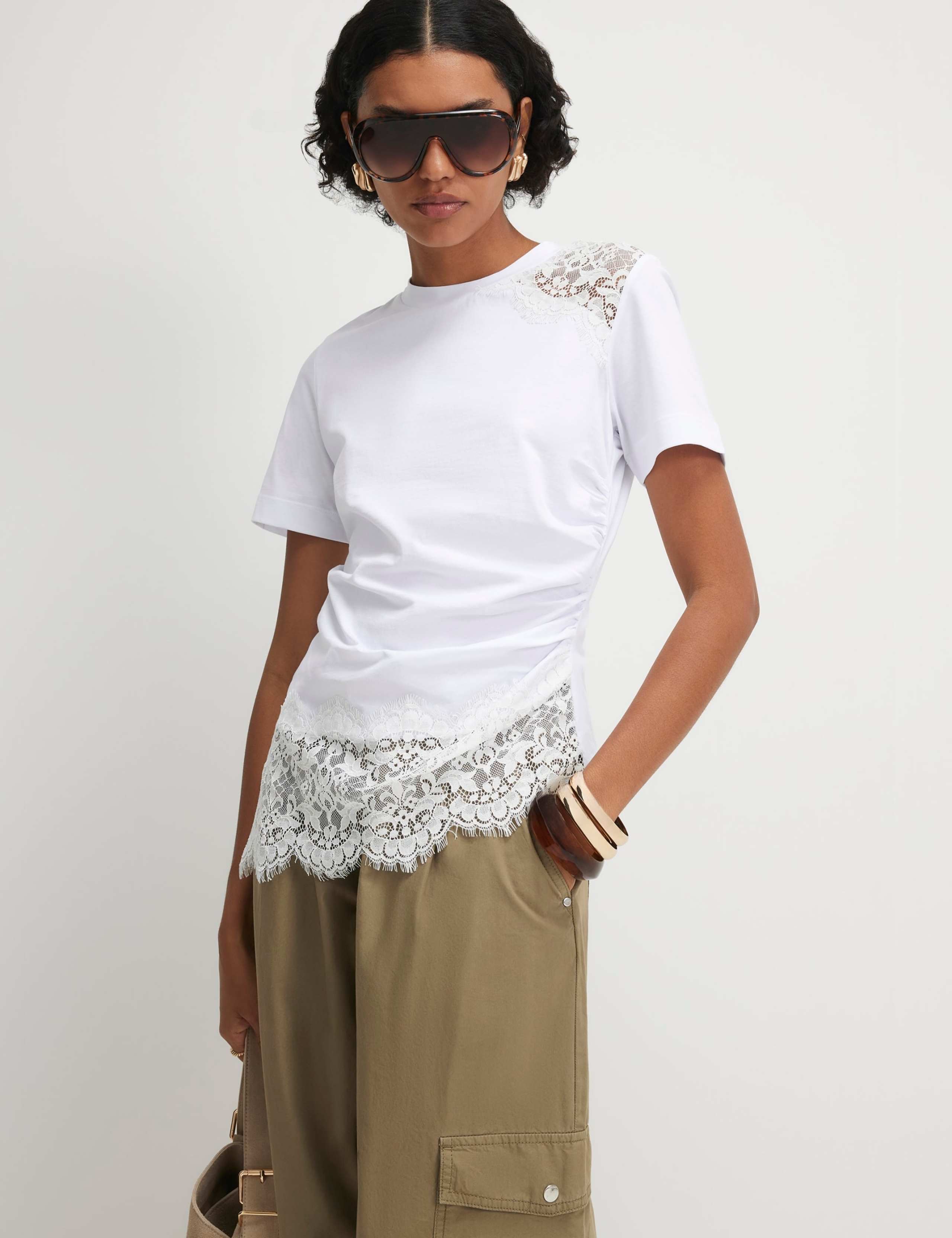 Pure Cotton Lace Asymmetric Ruched T-Shirt 1 of 4