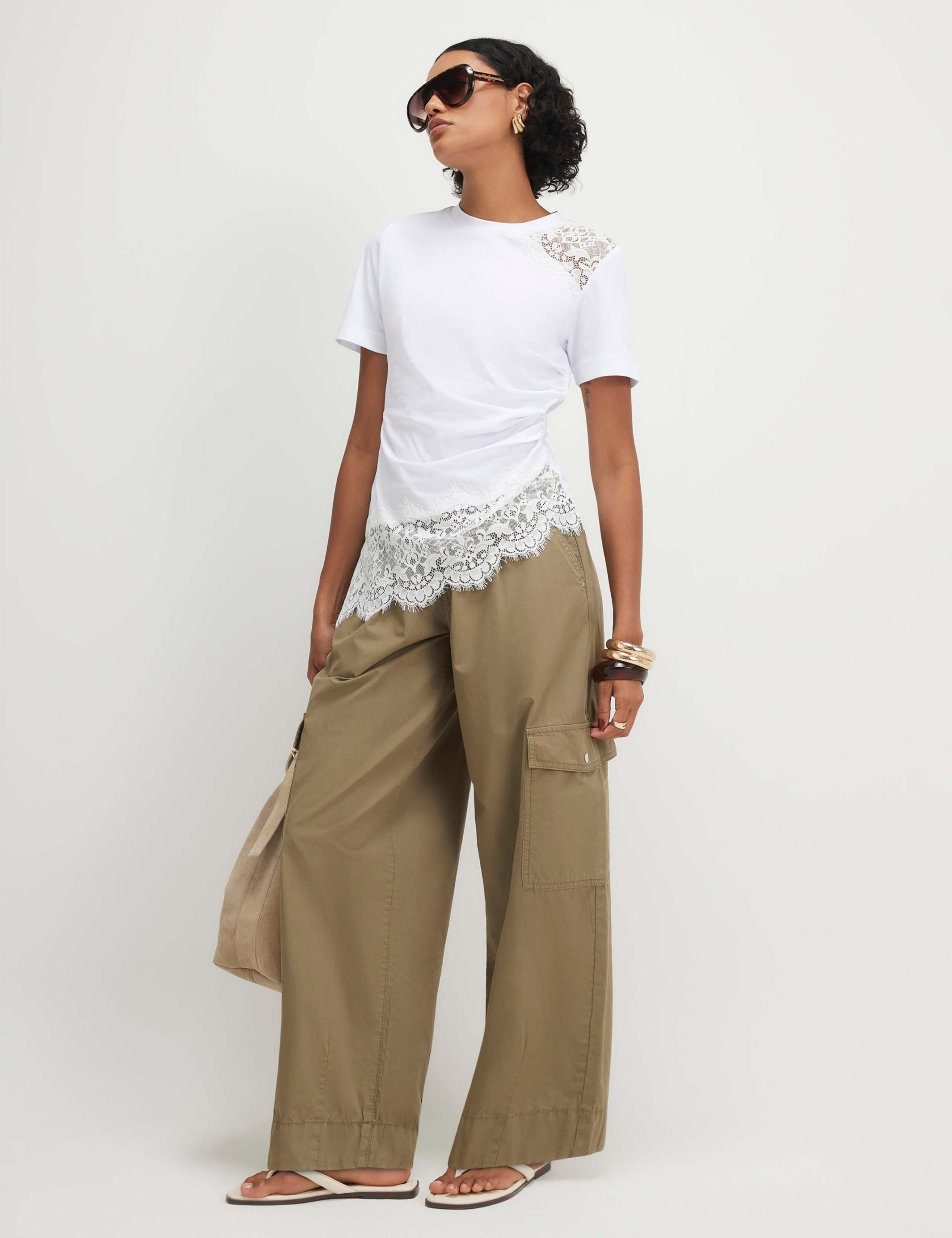 Pure Cotton Lace Asymmetric Ruched T-Shirt 2 of 4