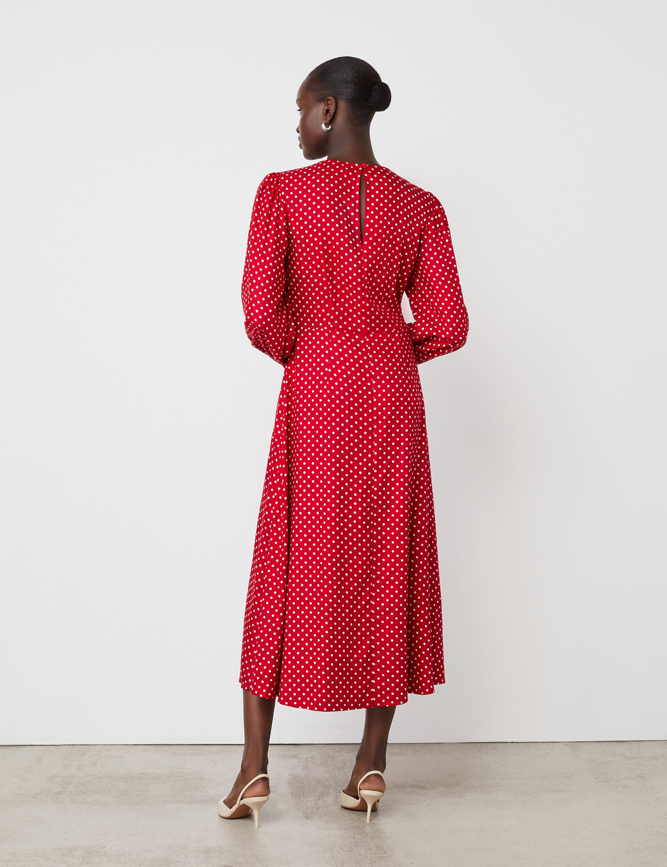 Polka Dot Blouson Sleeve Midi Waisted Dress 2 of 4