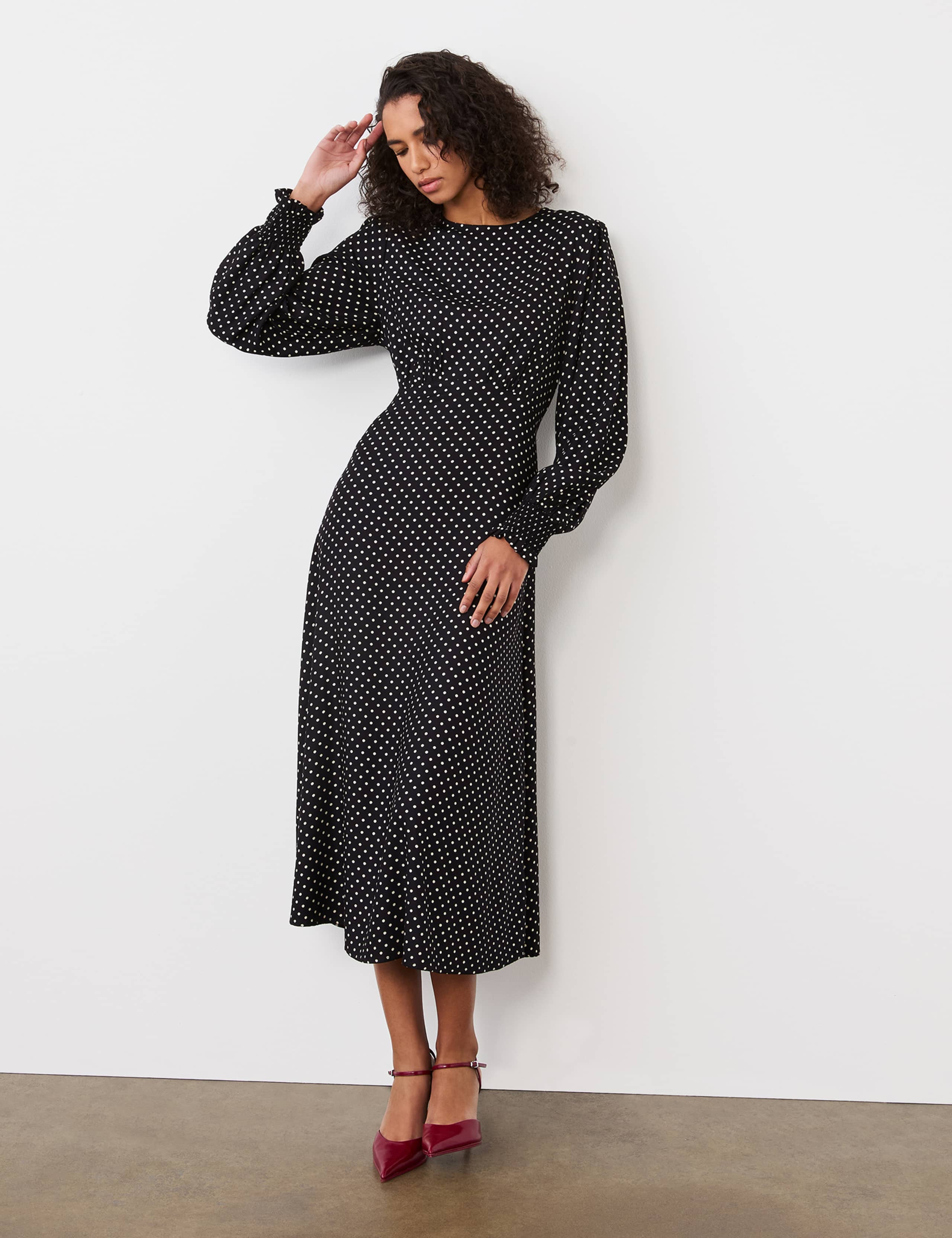 Polka Dot Blouson Sleeve Midi Waisted Dress 2 of 4