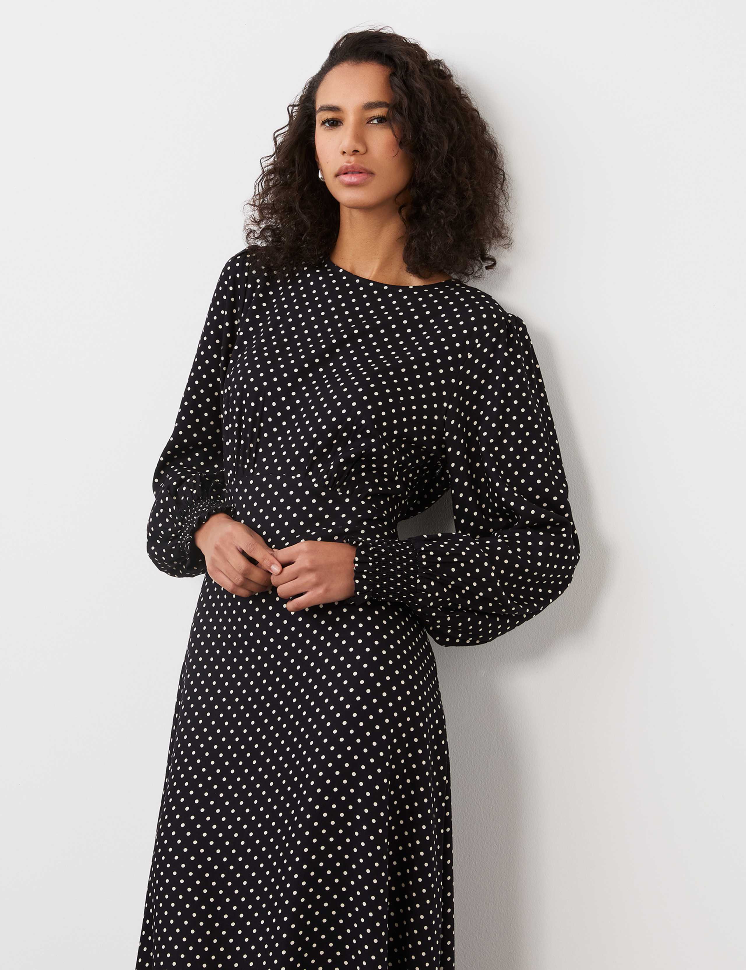 Polka Dot Blouson Sleeve Midi Waisted Dress 3 of 4