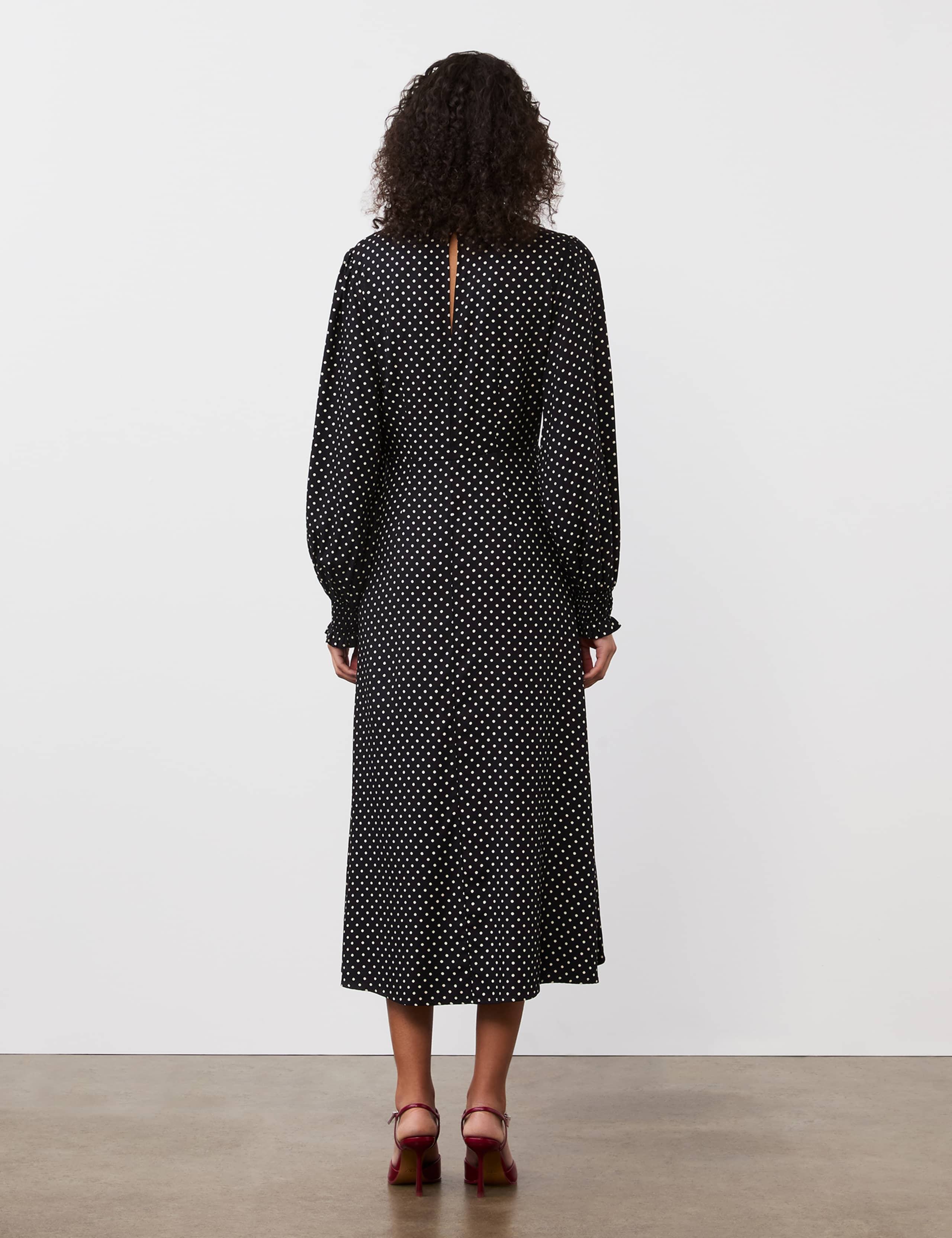 Polka Dot Blouson Sleeve Midi Waisted Dress 4 of 4