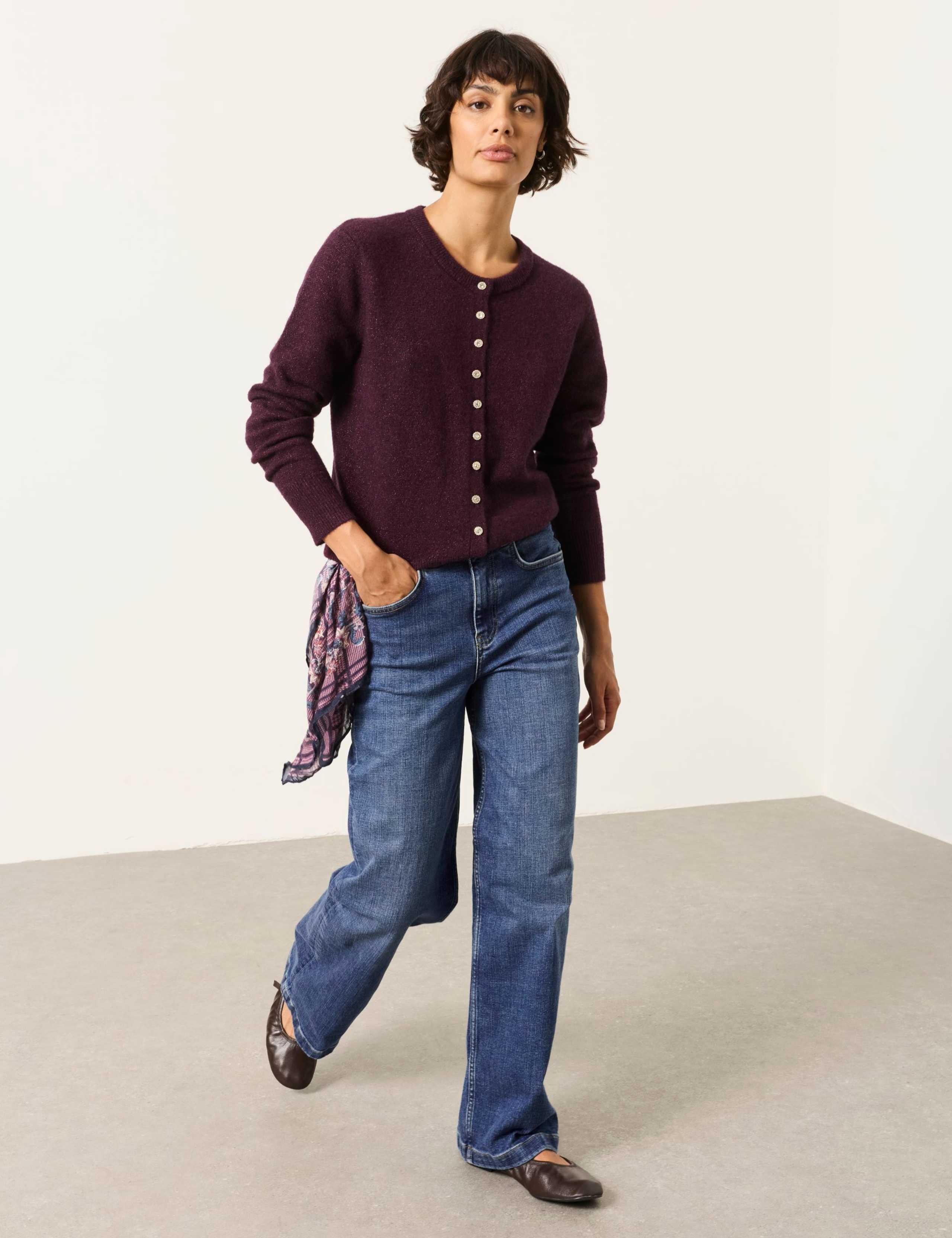 Wool Blend Sparkle Round Neck Fitted Cardigan 1 of 6