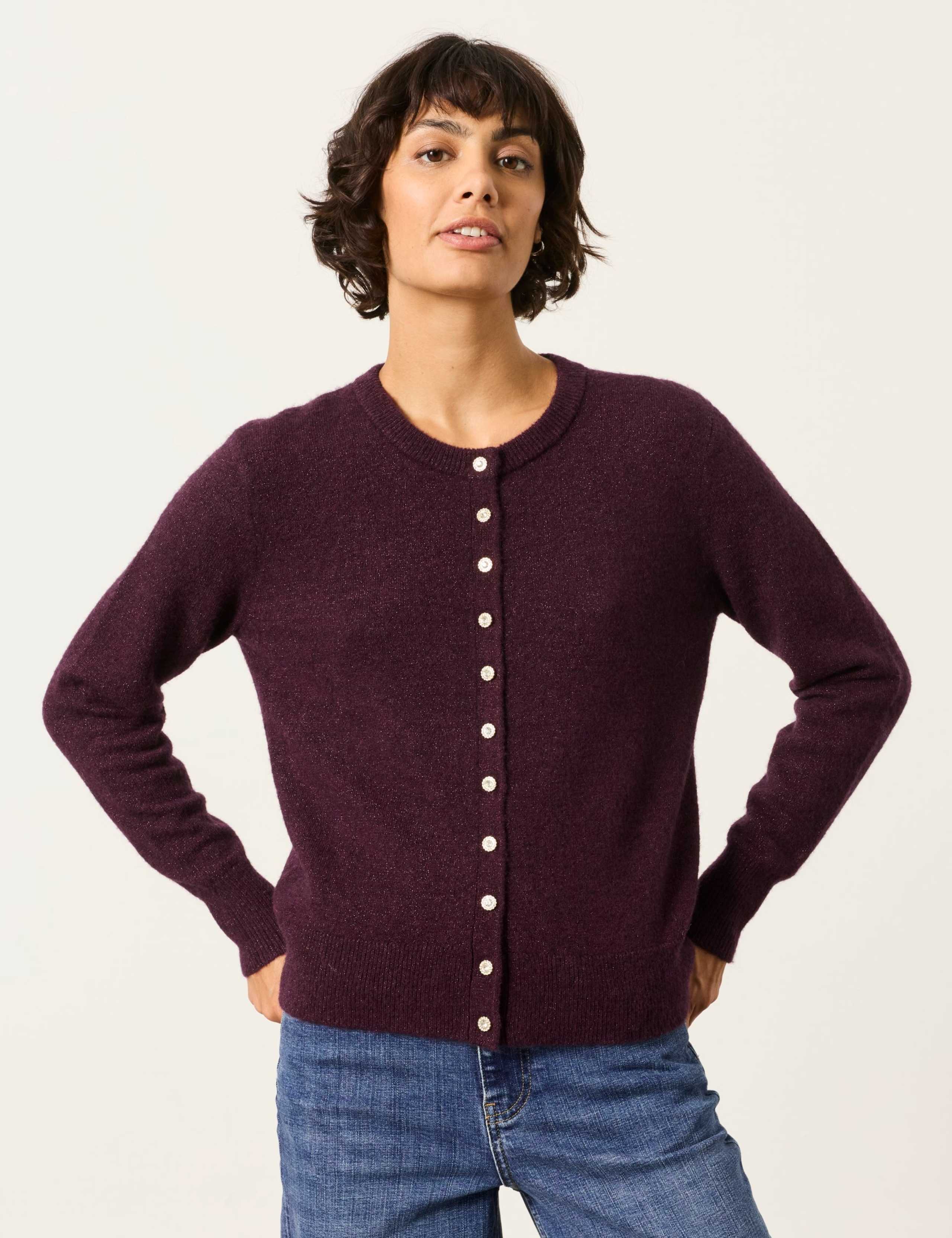 Wool Blend Sparkle Round Neck Fitted Cardigan 4 of 6