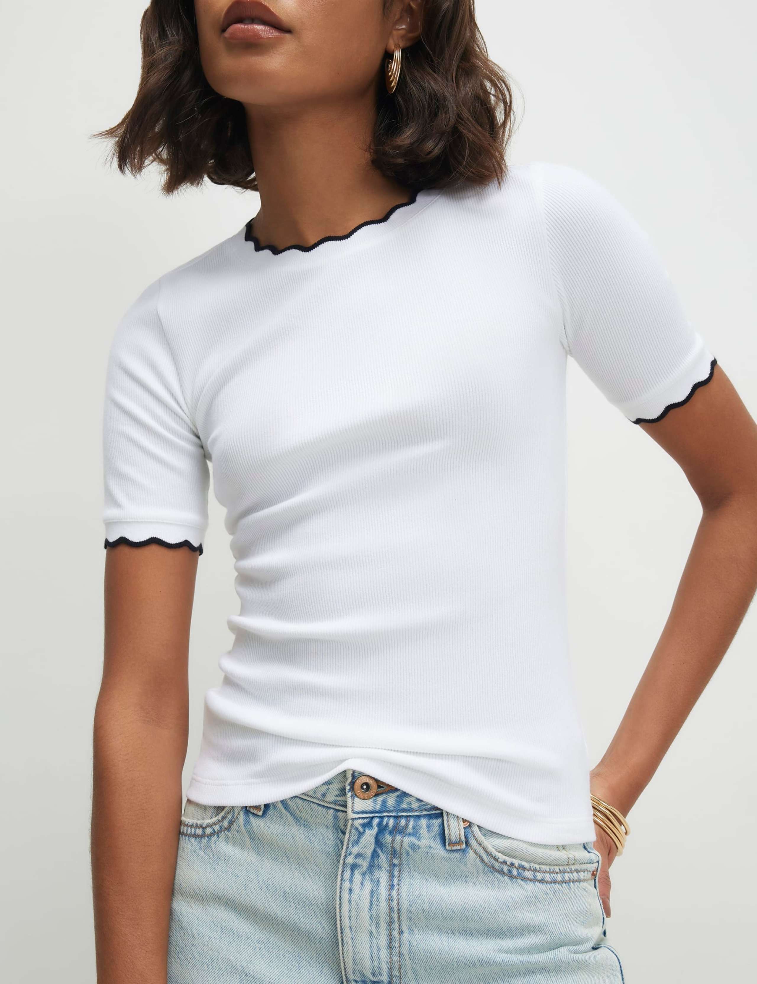 Cotton Rich Scallop Trim Fitted T-Shirt 3 of 4