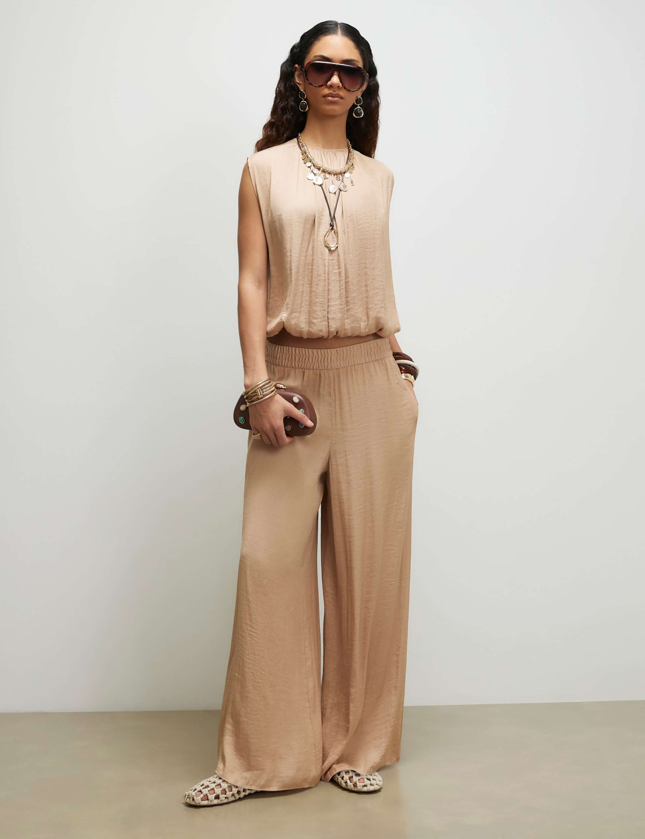 Satin Elasticated Waist Wide Leg Trousers 1 of 4