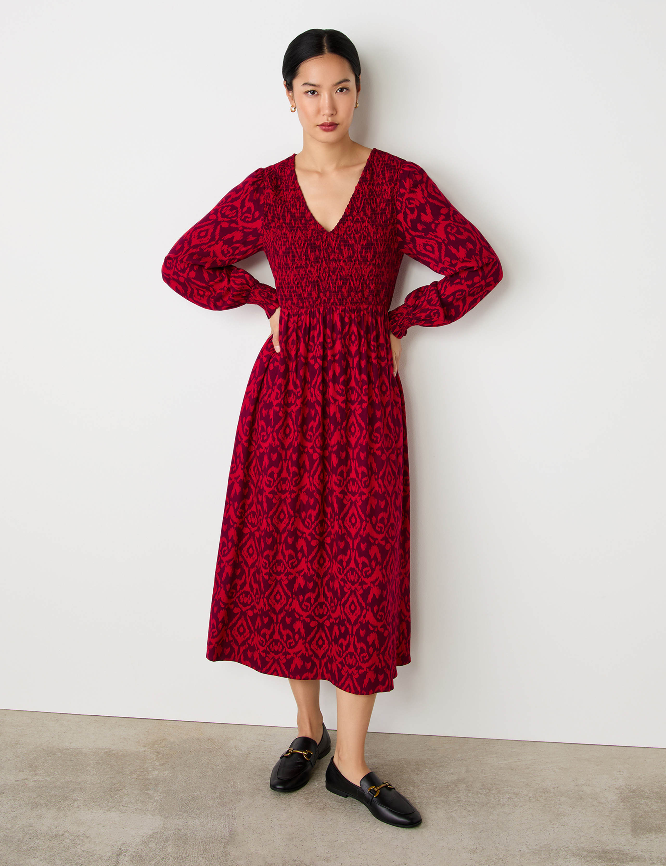 Printed V-Neck Midi Smock Dress 3 of 4
