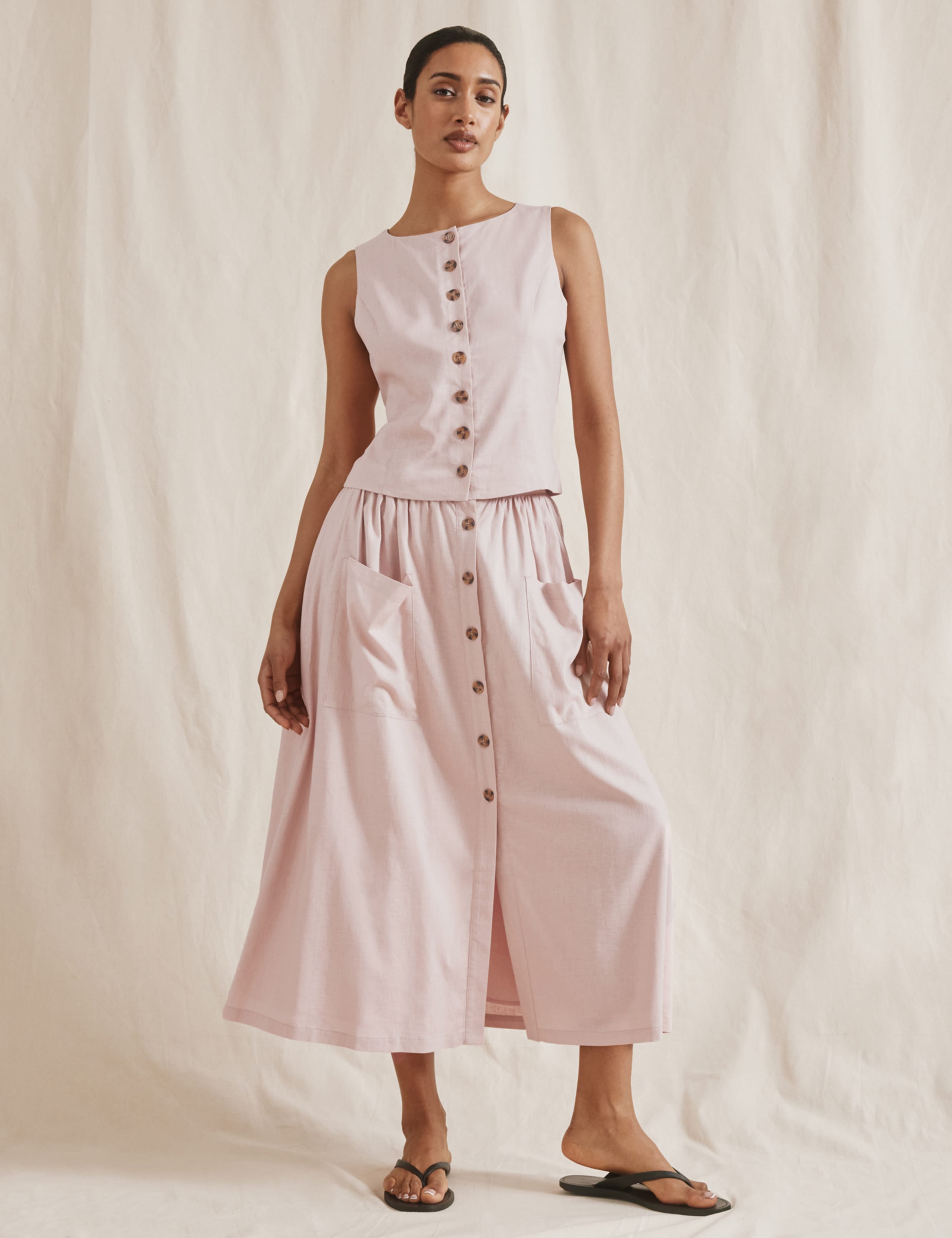 Linen Blend Button Front Midi A-Line Skirt 4 of 5