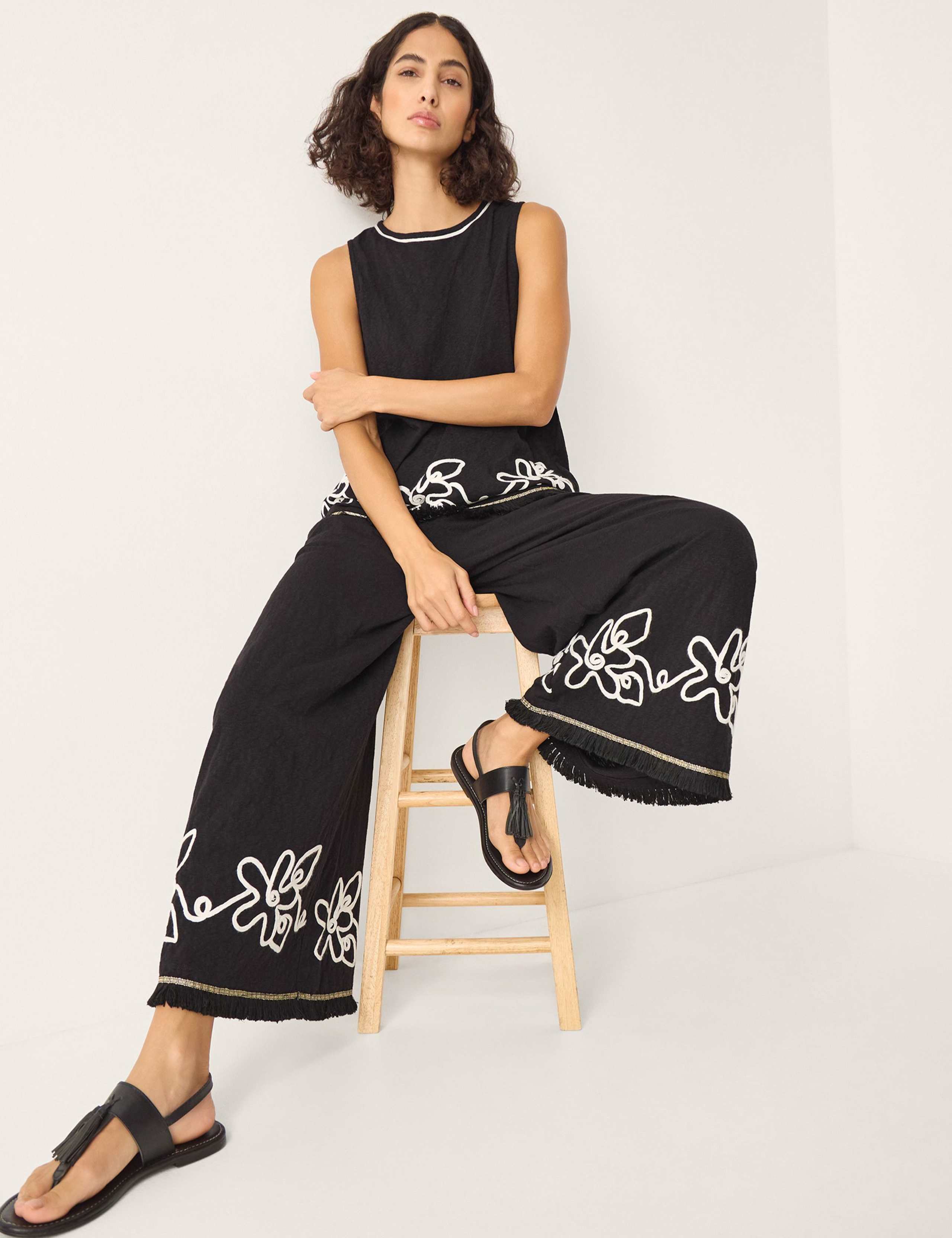 Pure Cotton Embroidered Wide Leg Trousers 2 of 4