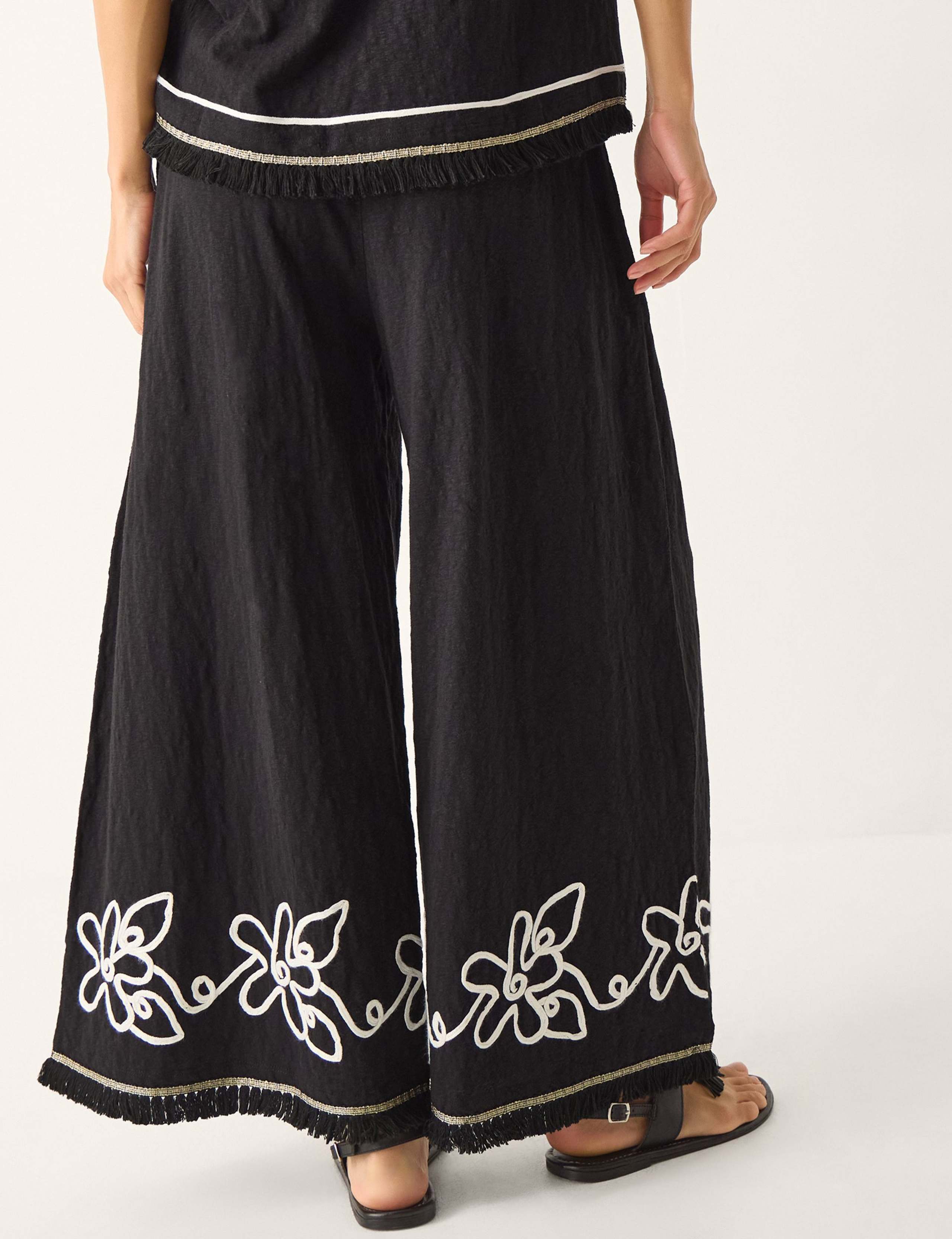 Pure Cotton Embroidered Wide Leg Trousers 3 of 4