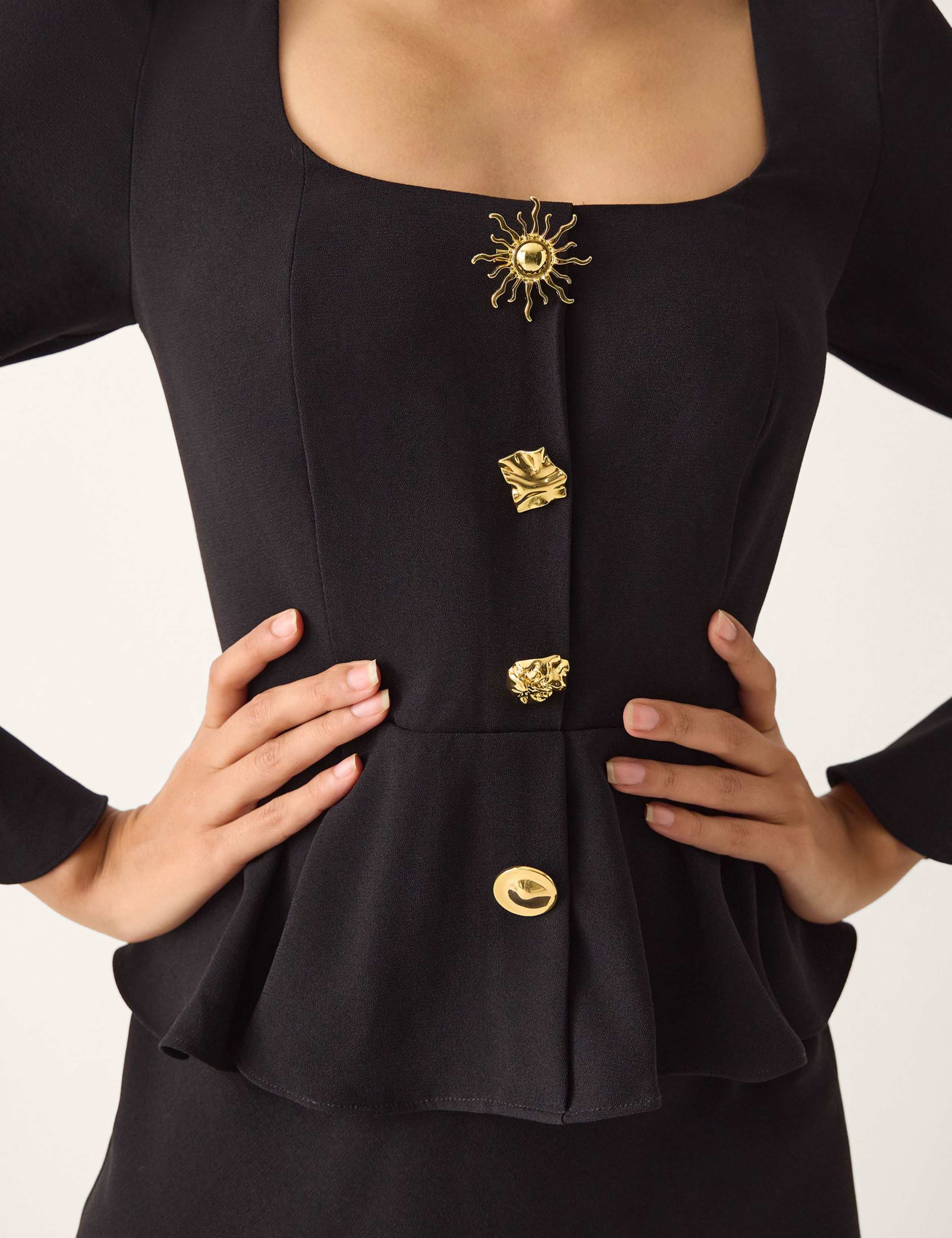 Square Neck Gold Button Peplum Midi Dress 4 of 5