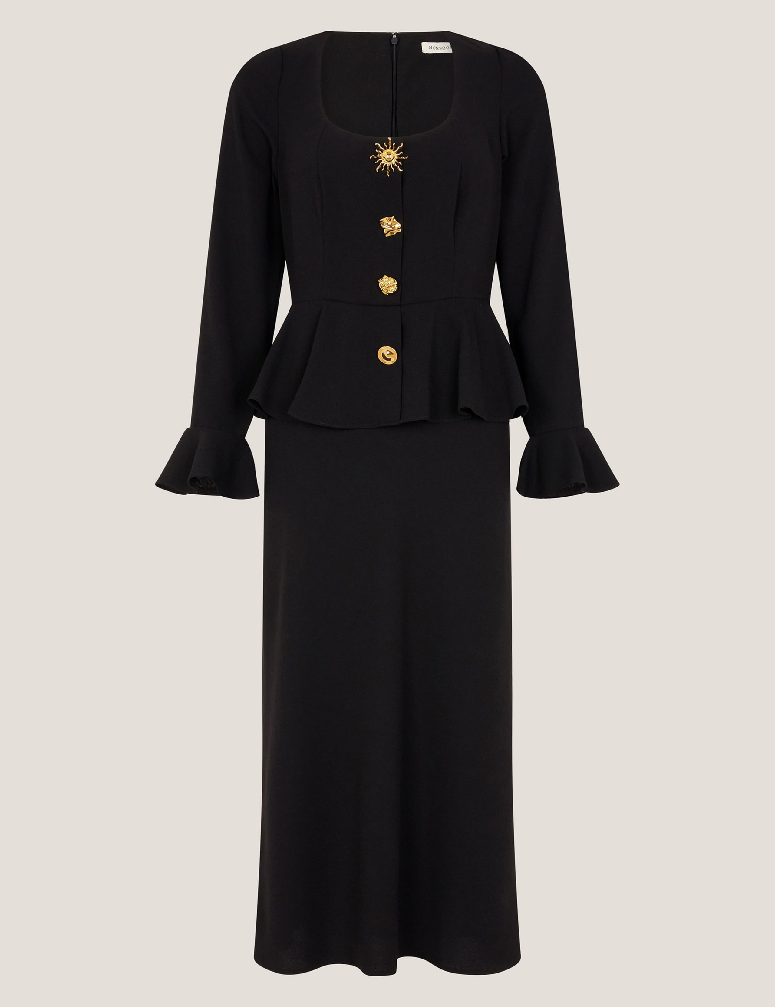 Square Neck Gold Button Peplum Midi Dress 2 of 5