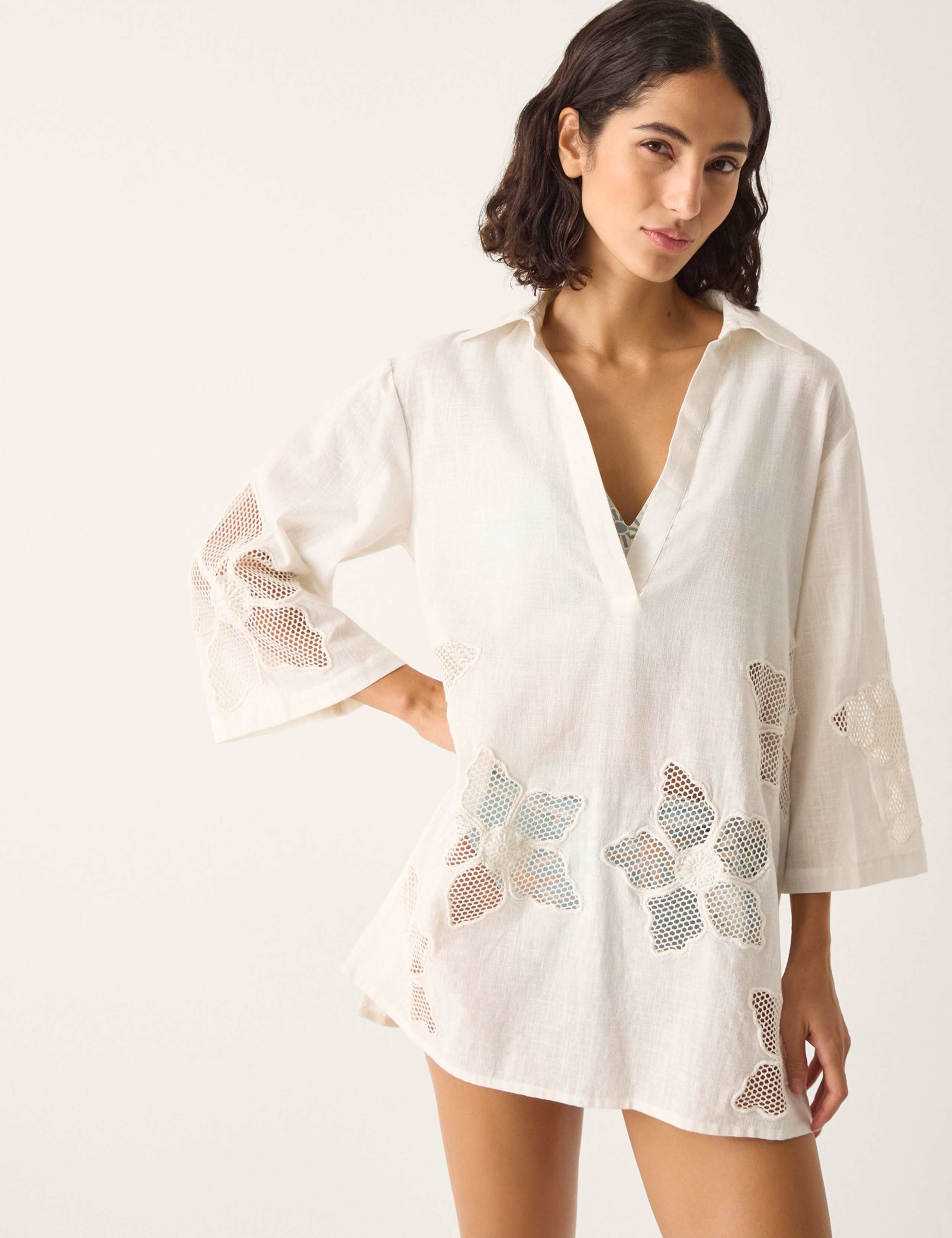 Pure Cotton Embroidered Beach Cover Up Shirt 1 of 5