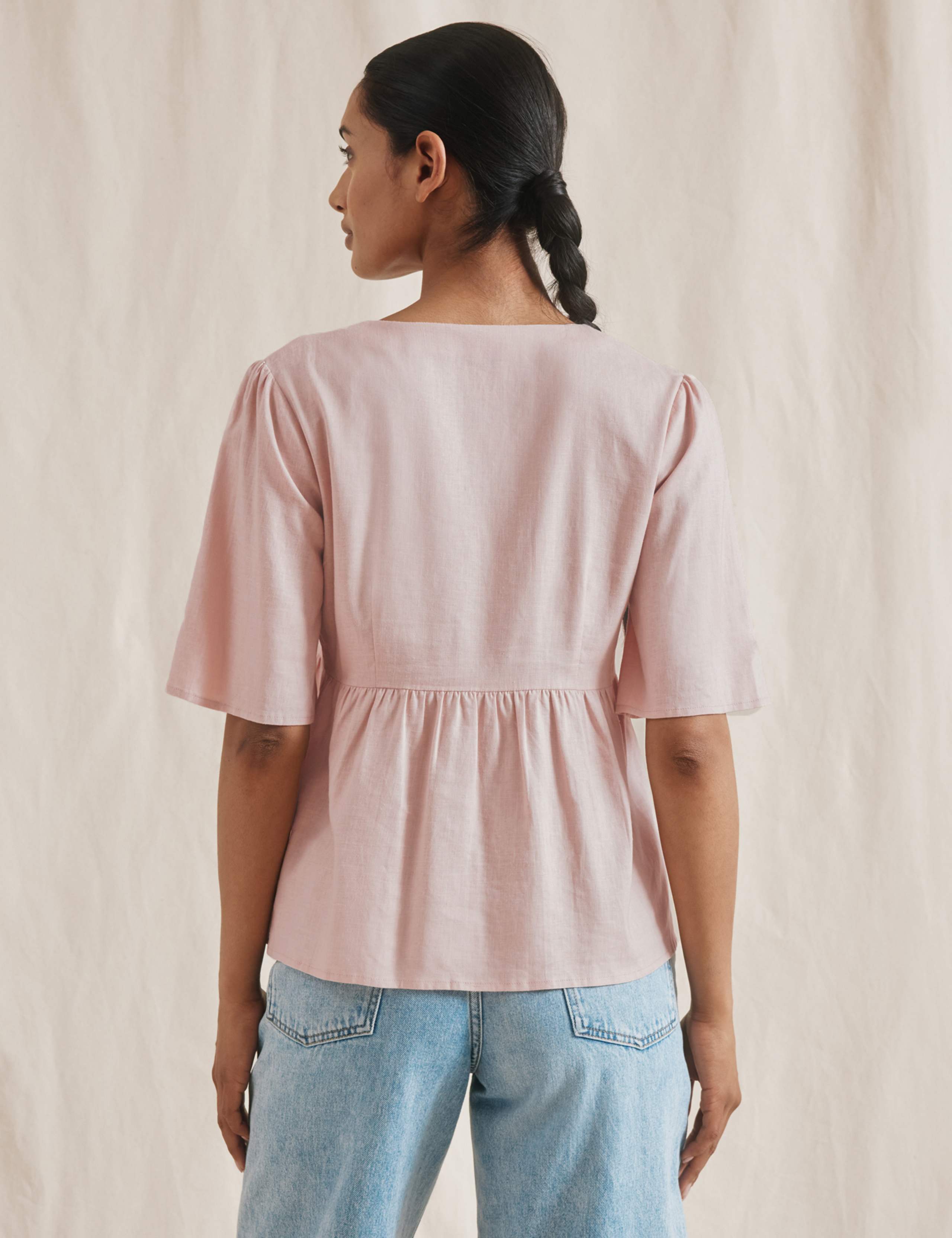 Linen Blend V-Neck Button Through Peplum Top 3 of 4