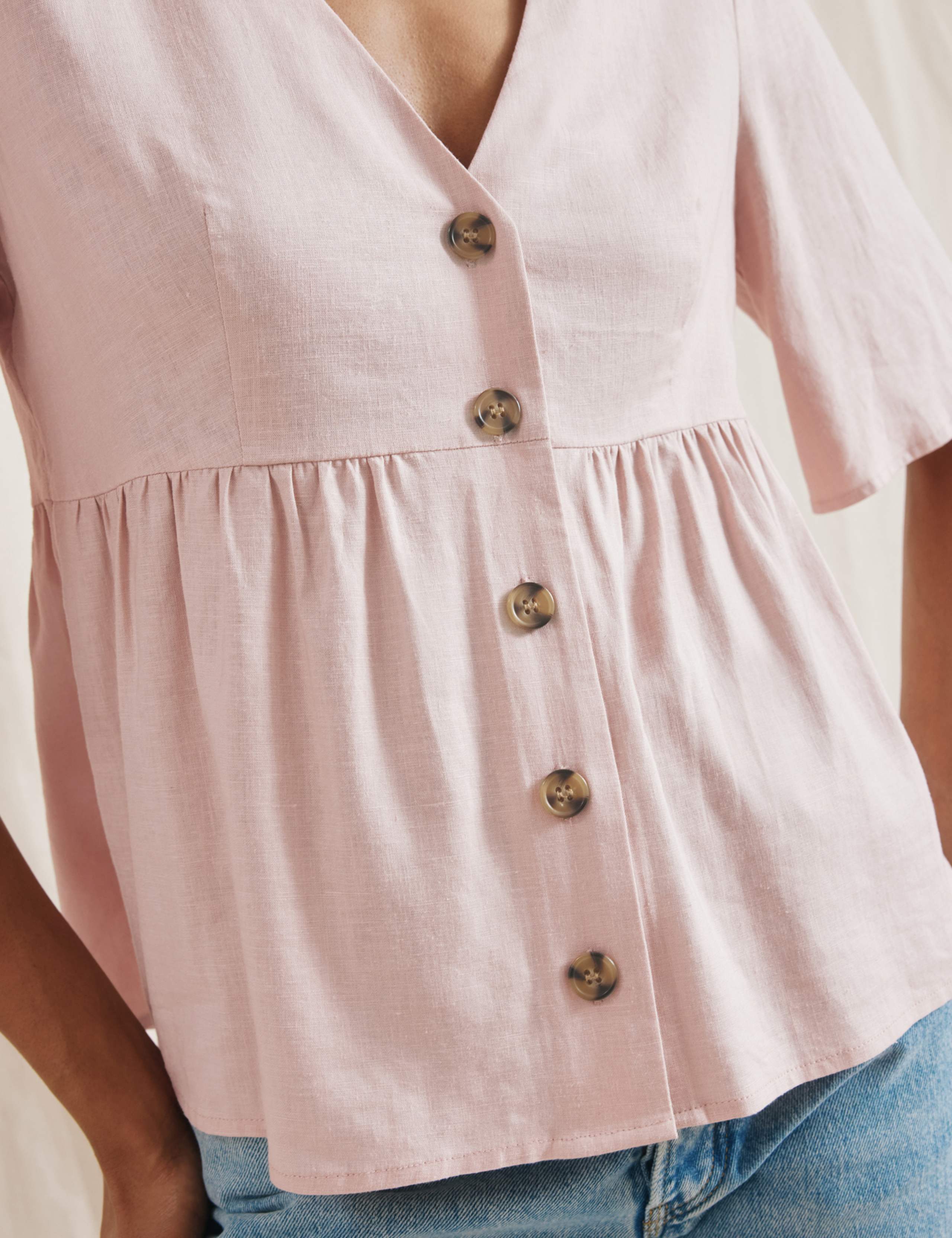 Linen Blend V-Neck Button Through Peplum Top 4 of 4