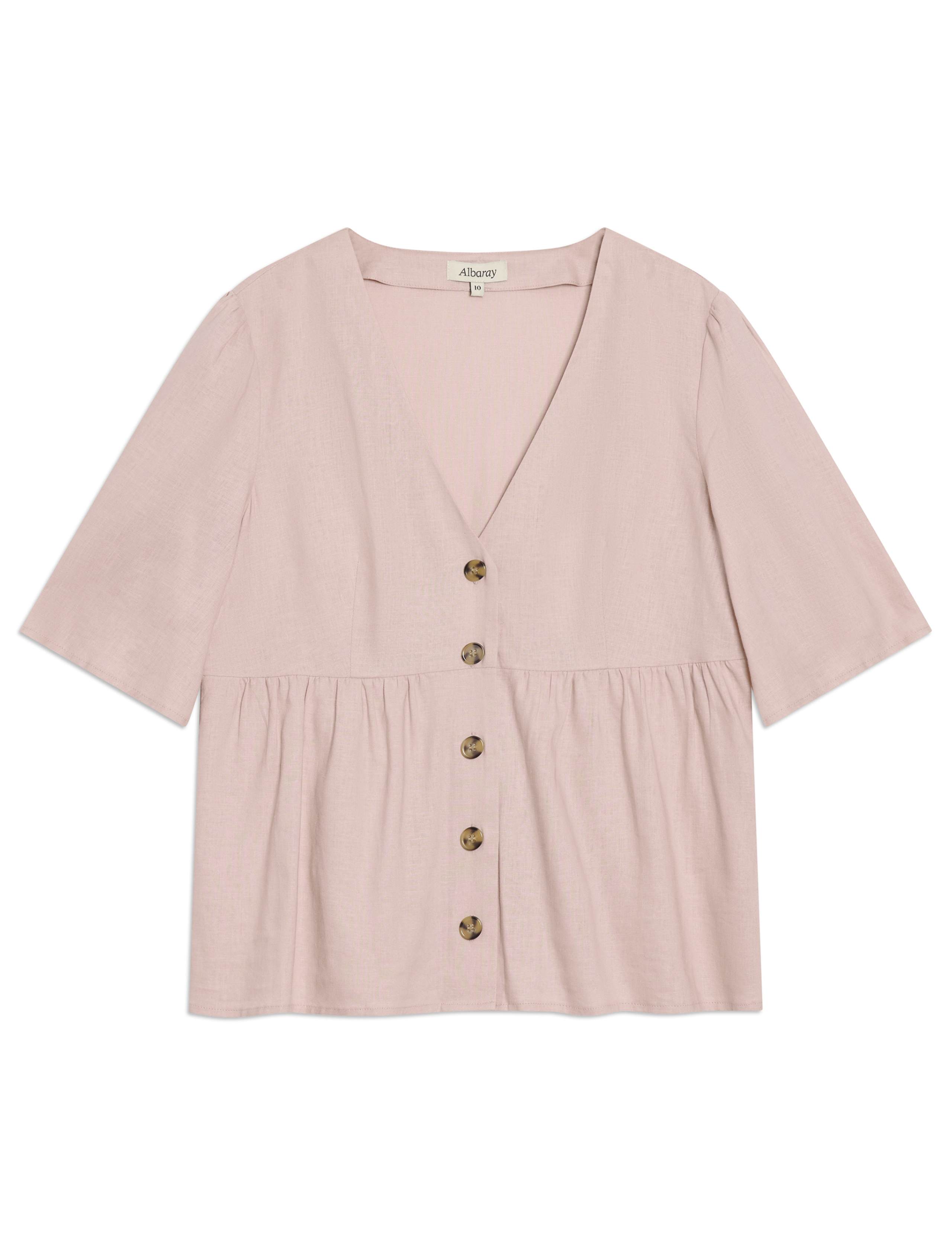 Linen Blend V-Neck Button Through Peplum Top 2 of 4