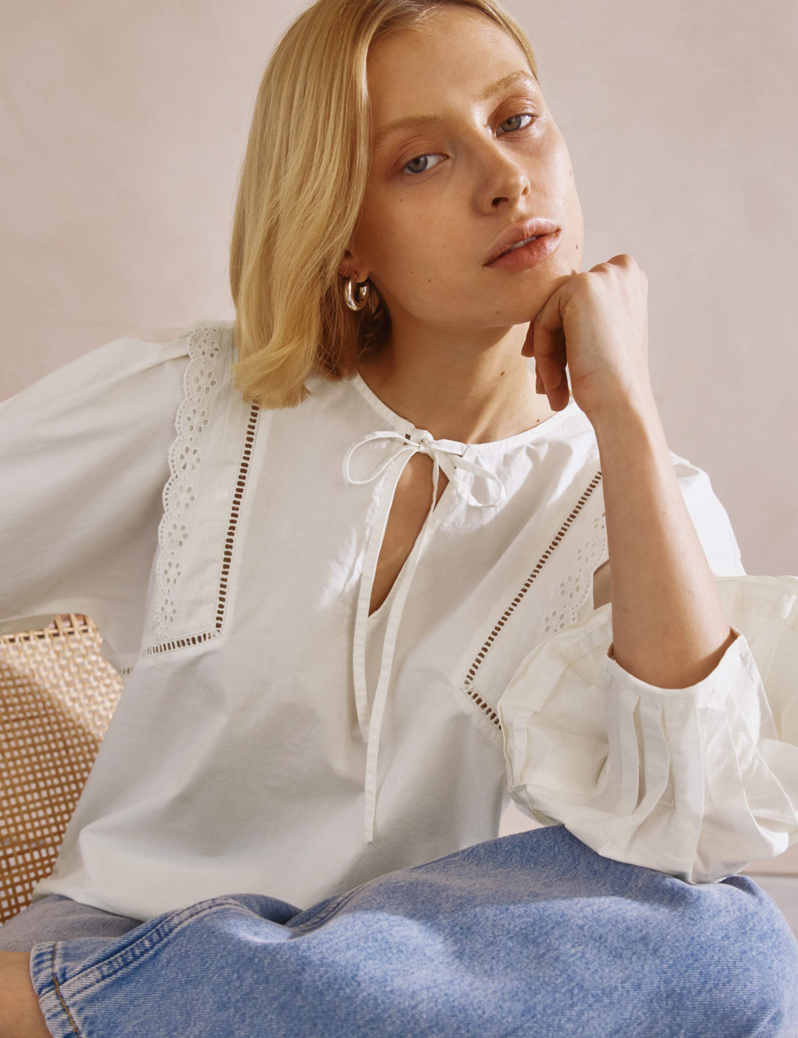Pure Cotton Broderie Pintuck Sleeve Top 4 of 8