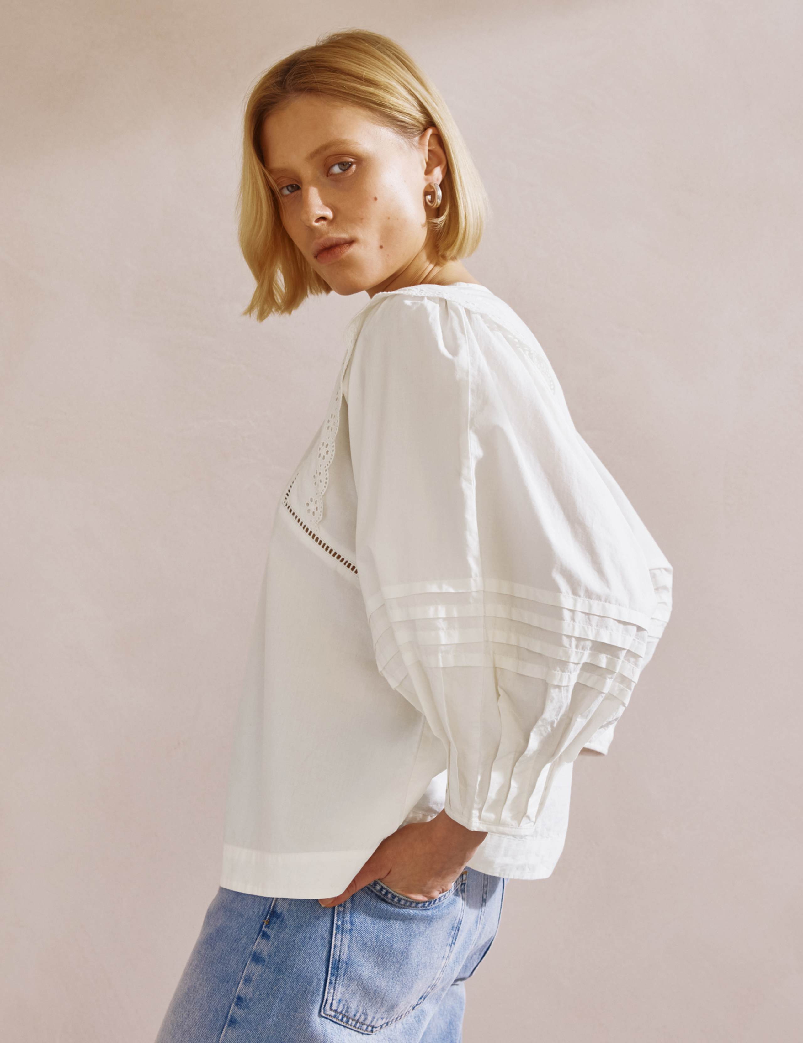 Pure Cotton Broderie Pintuck Sleeve Top 6 of 8