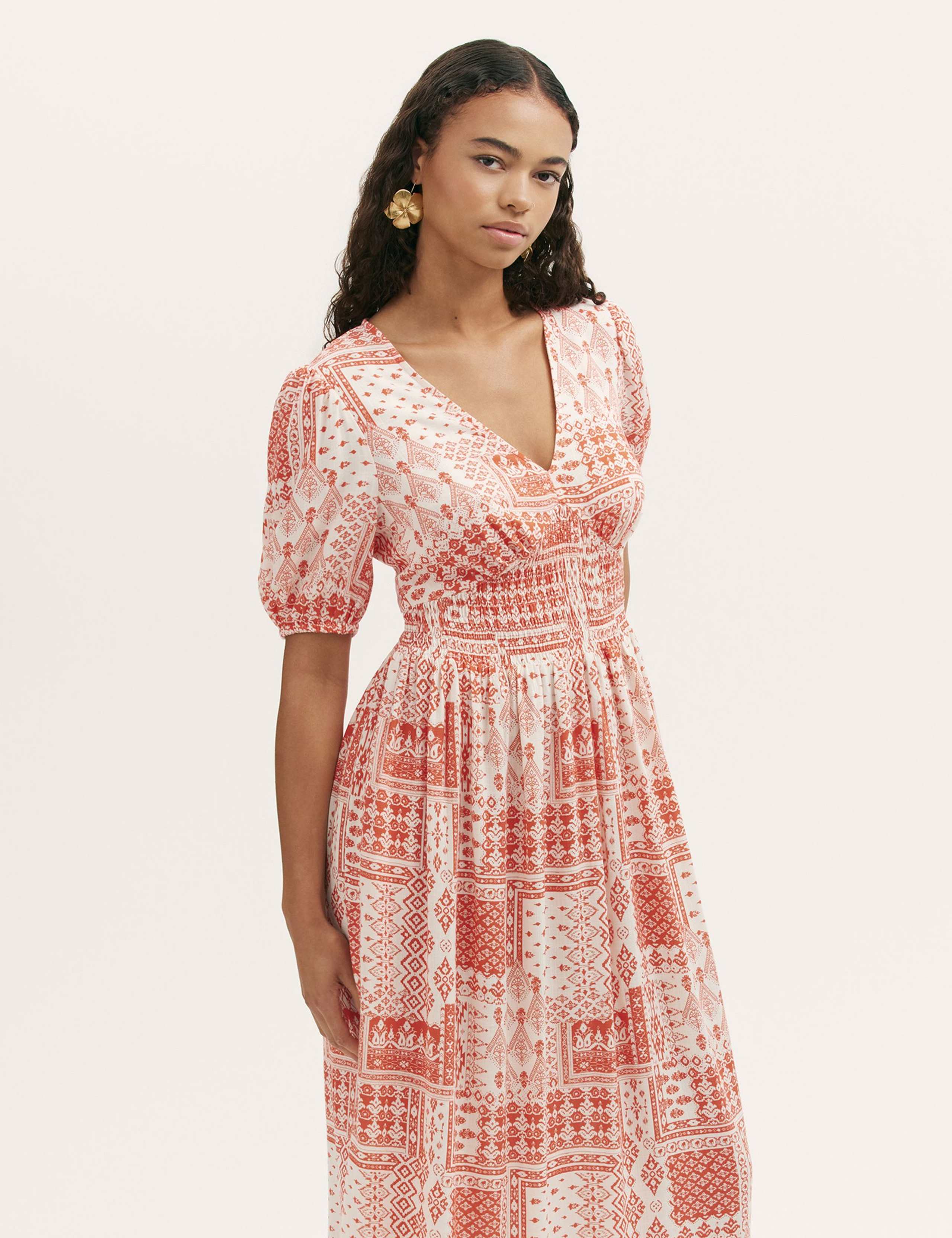 Printed V-Neck Midi Smock Dress 3 of 4