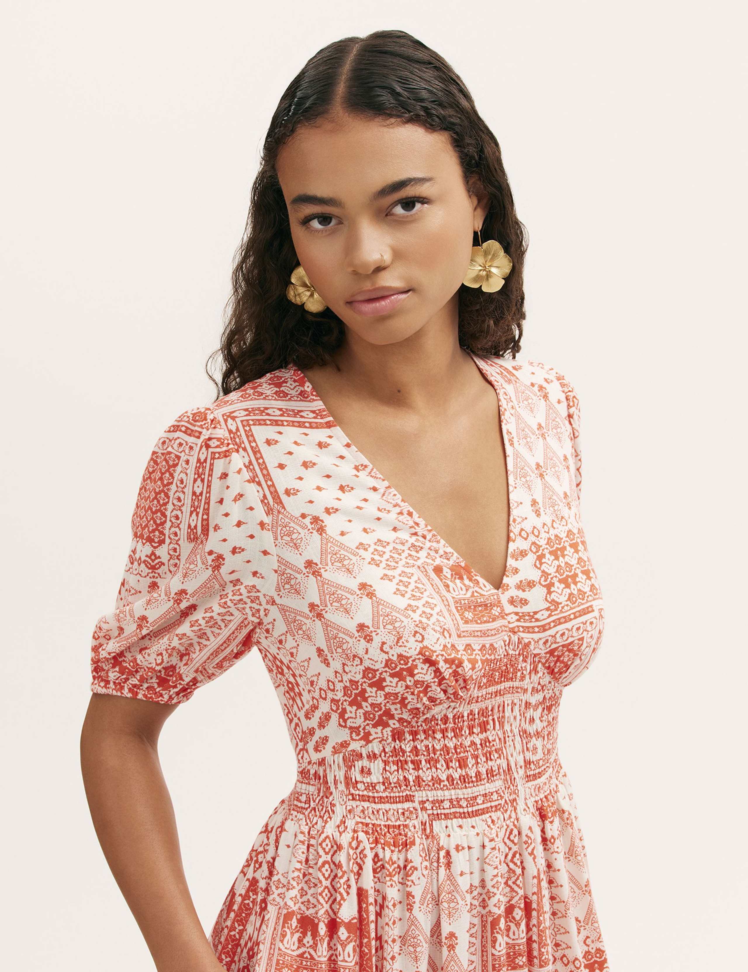 Printed V-Neck Midi Smock Dress 4 of 4