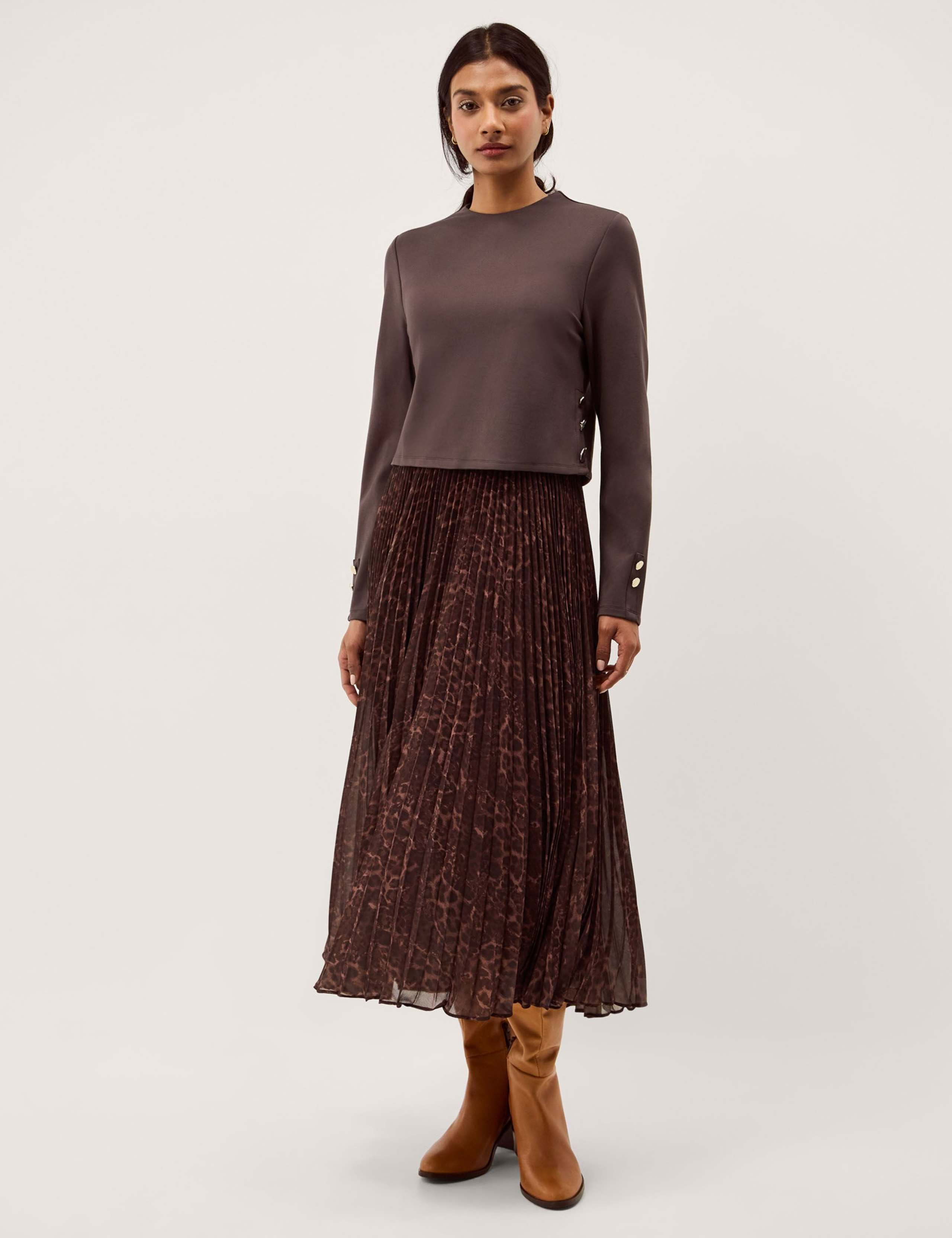 Leopard Print Combi Pleated Midi Dress 1 of 4